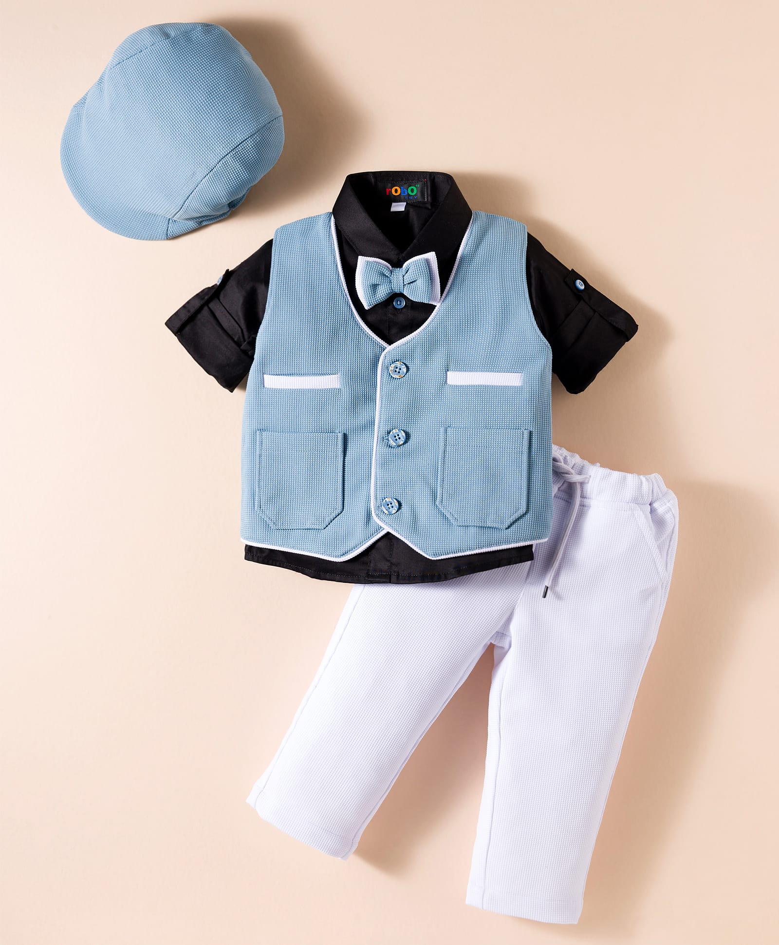 Robo Fry Cotton Woven Full Sleeves 3 Piece Textured Party Suit with Cap & Bow - Light Blue Black-image-17