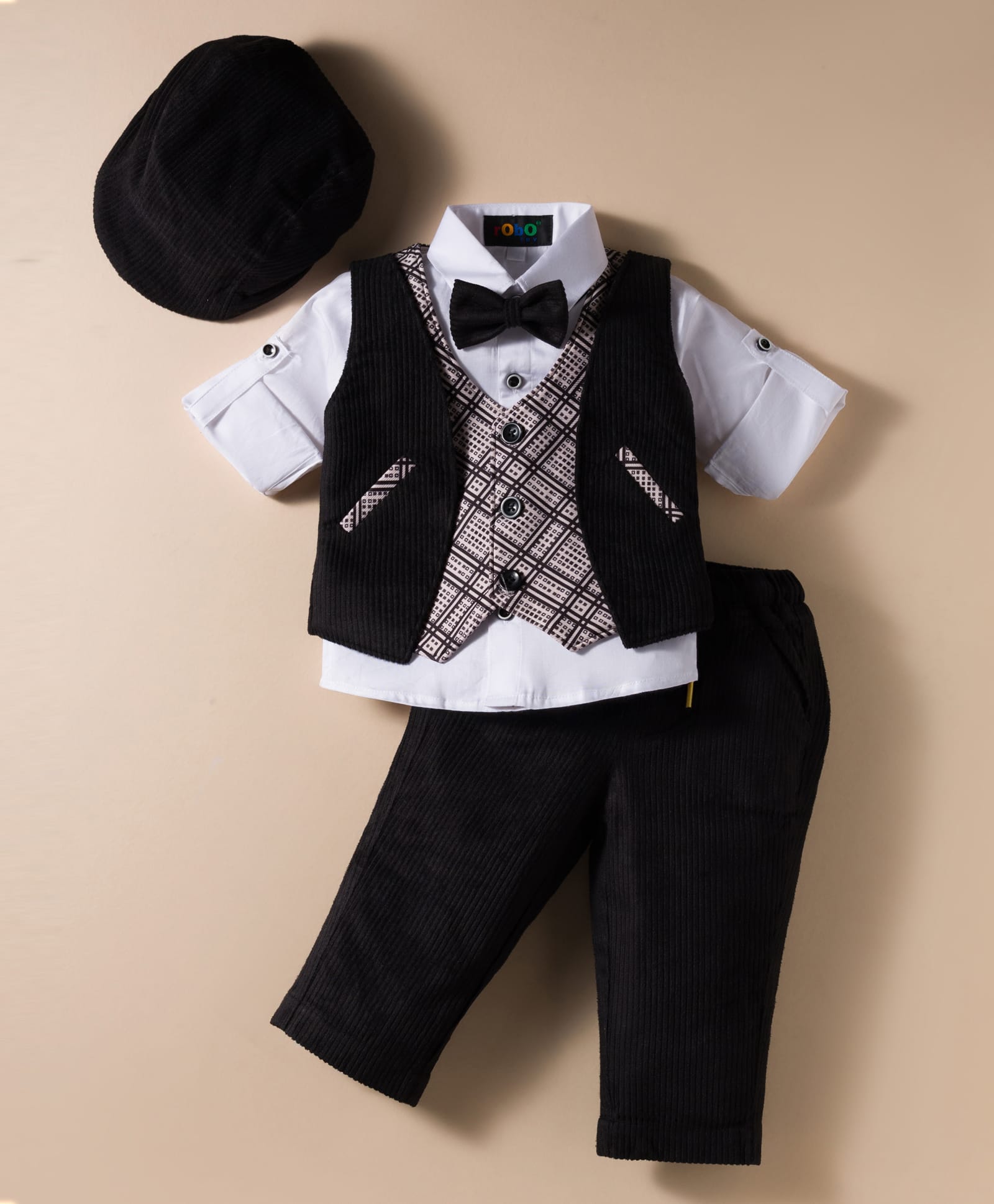 Robo Fry Cotton Woven Full Sleeves Checks 3 Piece Party Suit With Bow & Cap - Black-picture-22