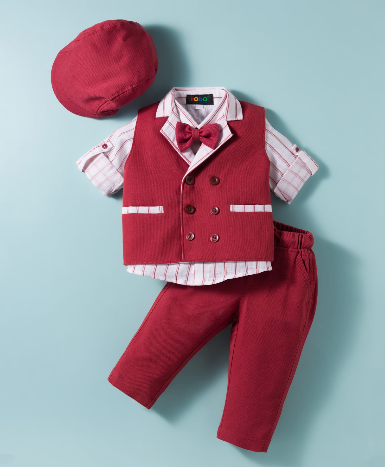 Robo Fry Cotton Woven Full Sleeves Striped 3 Piece Party Suit With Bow & Cap - Red-picture-29