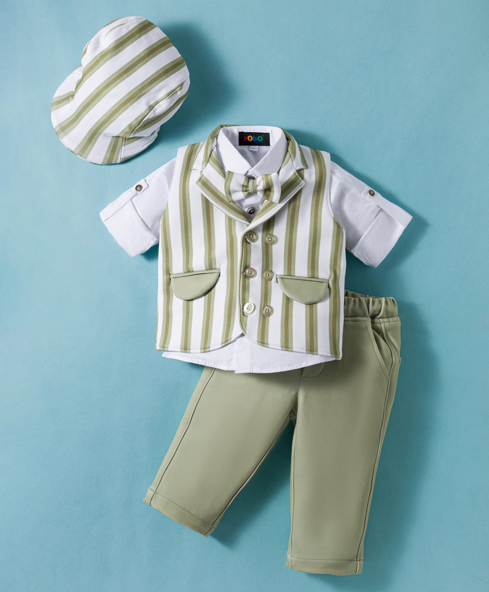 Robo Fry Cotton Woven Full Sleeves Striped 3 Piece Party Suit With Bow & Cap - Green-picture-22