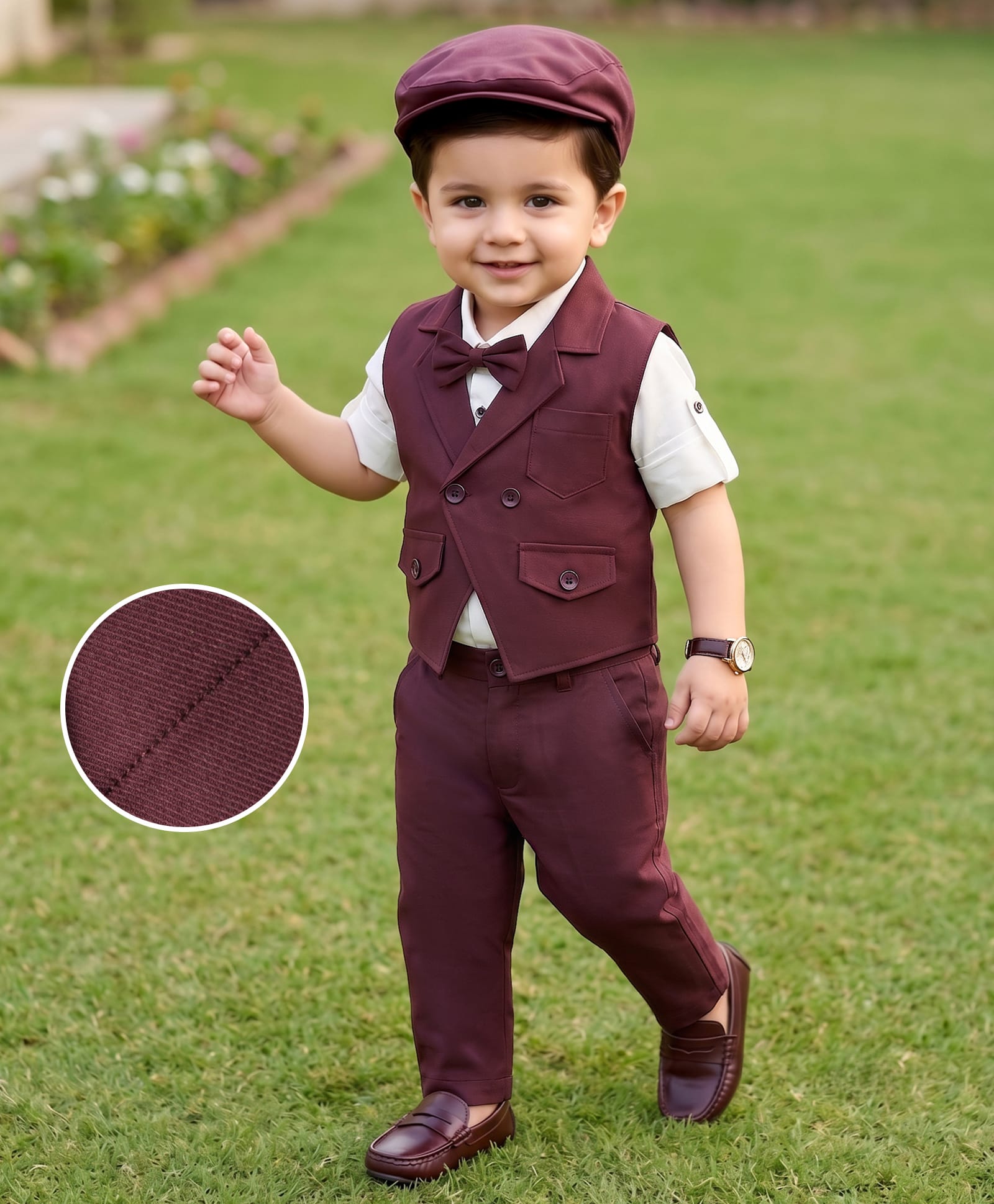 Robo Fry Cotton Woven Full Sleeves Solid Color 3 Piece Party Suit with Cap & Bow - Maroon & White-picture-25