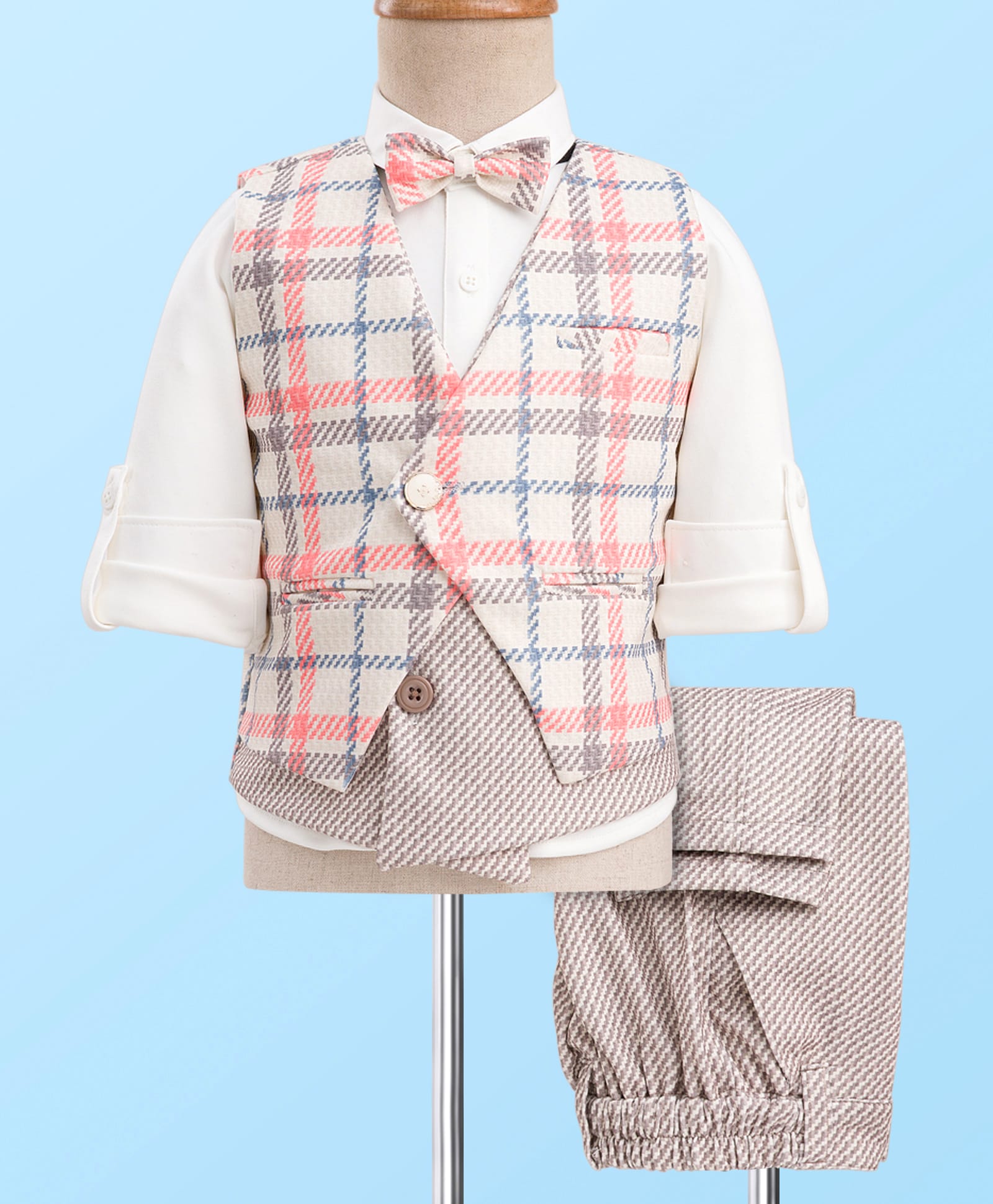 Robo Fry Cotton Woven Full Sleeves Checks 3 Piece Party Suit With Bow - Beige-picture-21