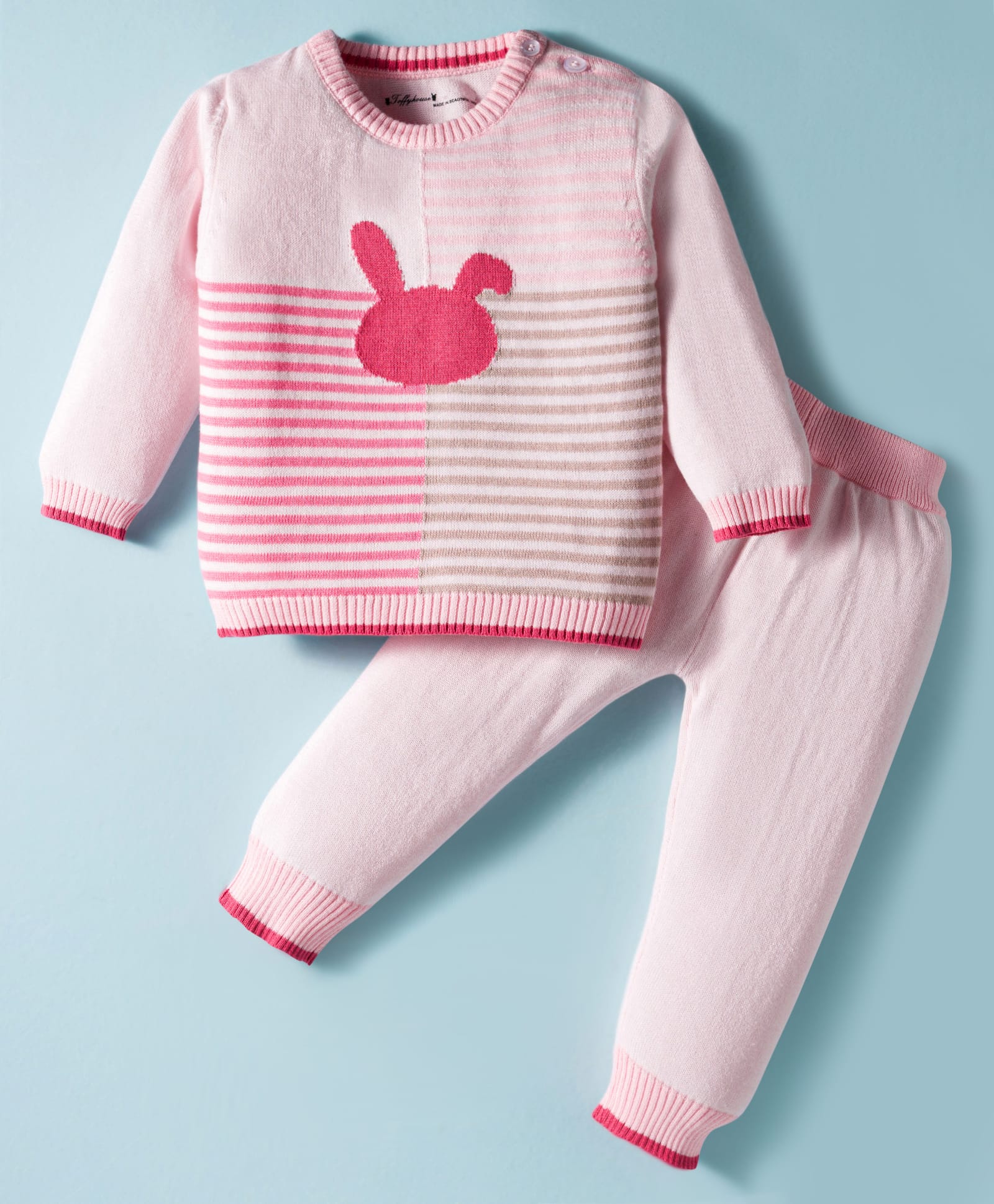 ToffyHouse Cotton Knit Full Sleeves Winter Wear Suits Set With Stripes & Bunny Design - Pink-picture-11