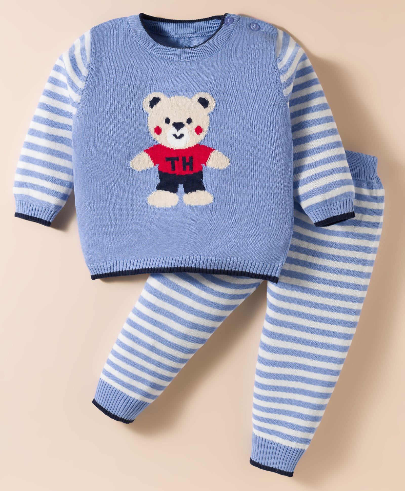 ToffyHouse Cotton Knit Full Striped Sleeves Sweatshirt & Lounge Pant Set with Teddy Print - Light Blue-image-16