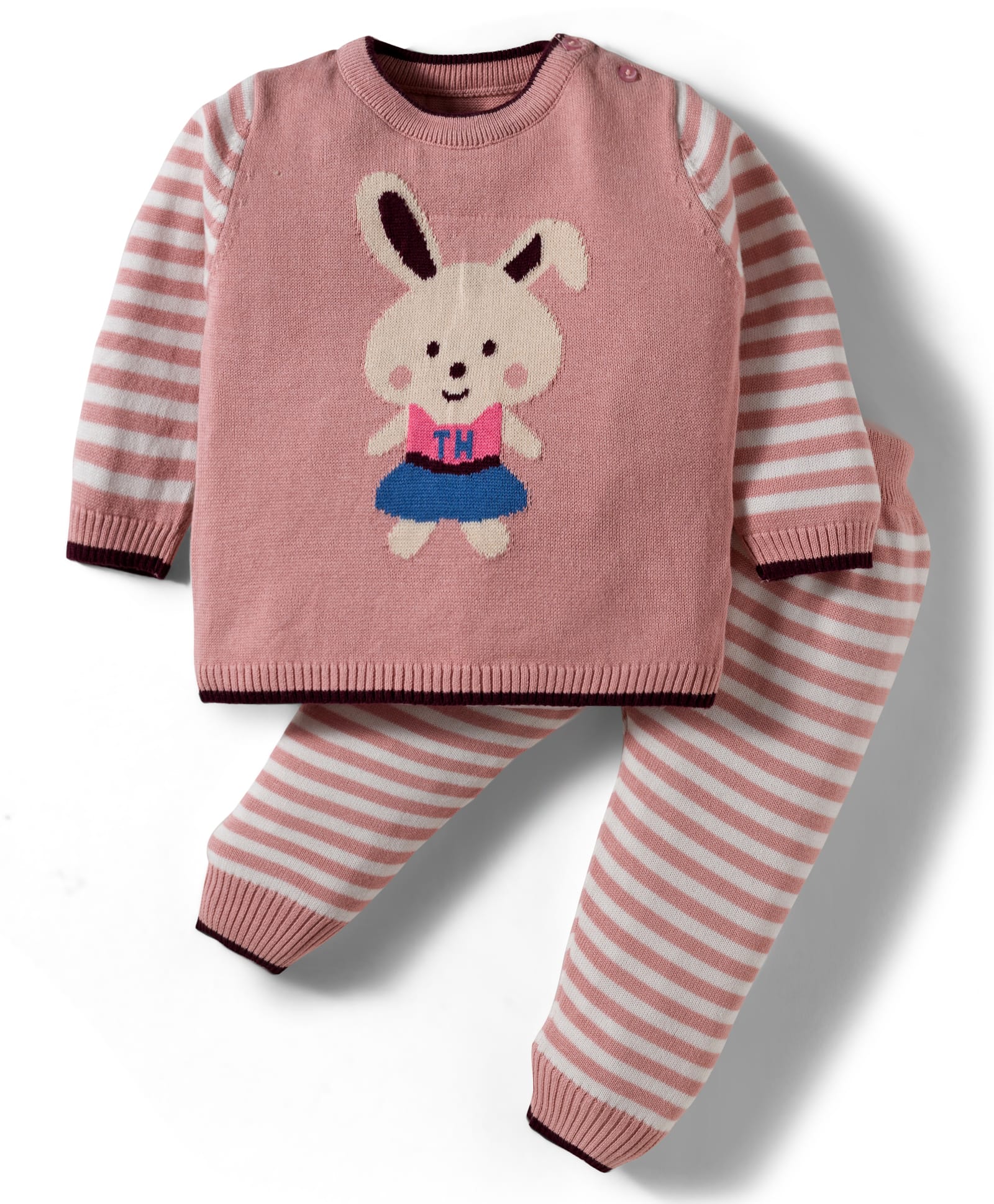 ToffyHouse Cotton Knit Full Sleeves Winter Wear T-Shirt & Joggers Set with Stripes & Animal Print - Rose Gold-image-17