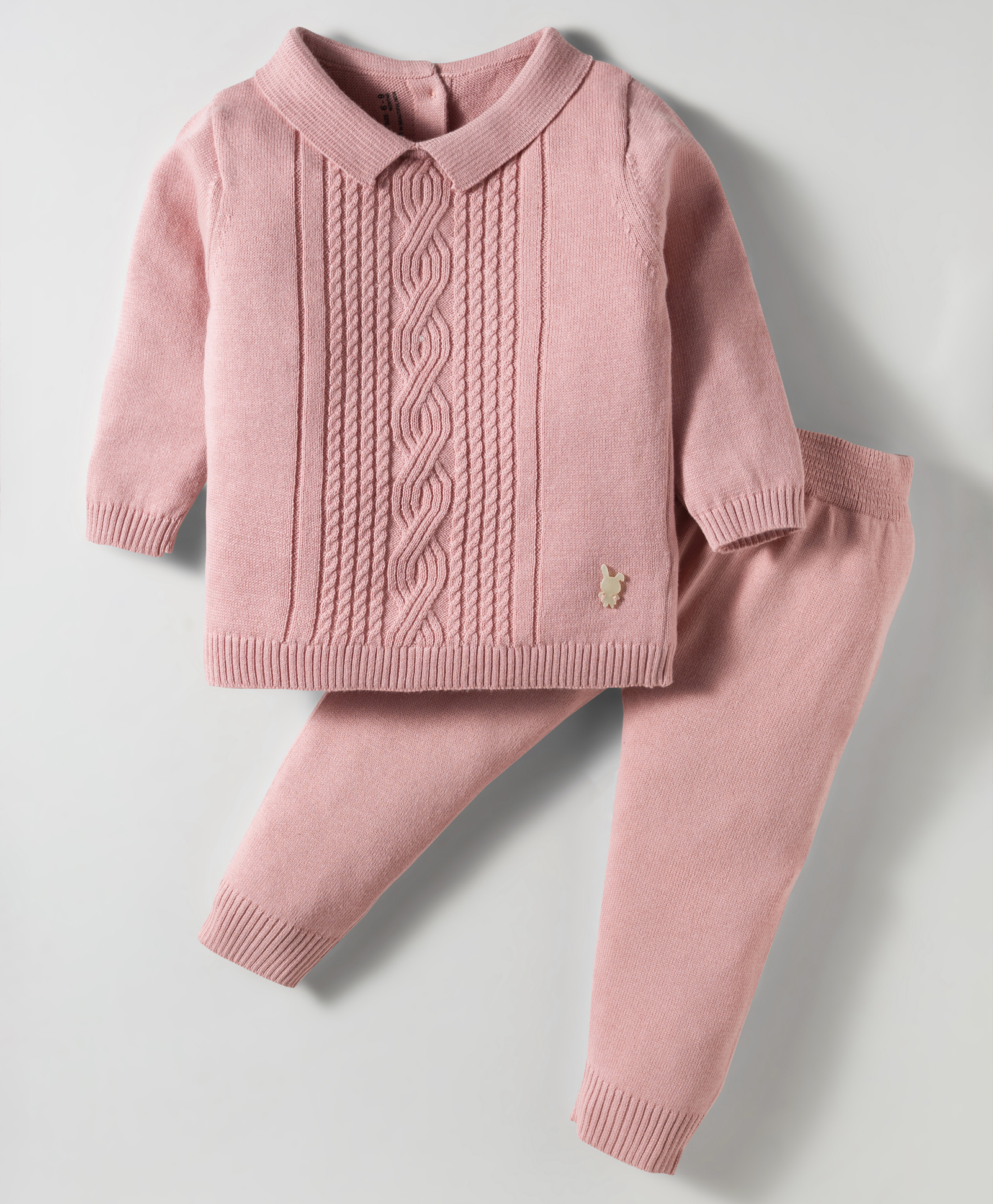 ToffyHouse Cotton Knit Full Sleeves Winter Wear T-Shirt & Lounge Pant Set With Cable Knit Design - Pink-image-10