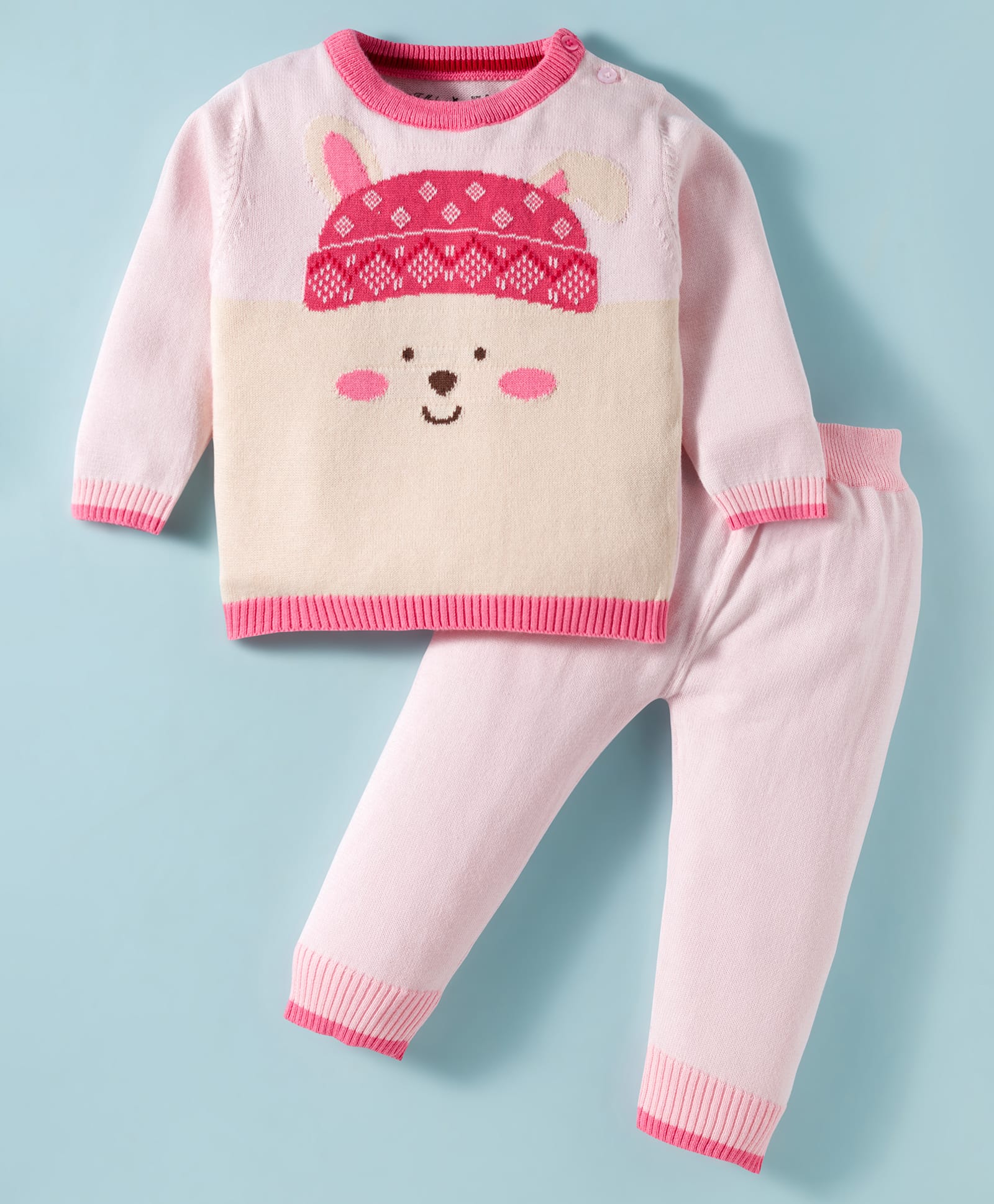 ToffyHouse Cotton Knit Full Sleeves Winter Wear T-Shirt & Lounge Pant Set With Animal Face Design - Light Pink-image-45