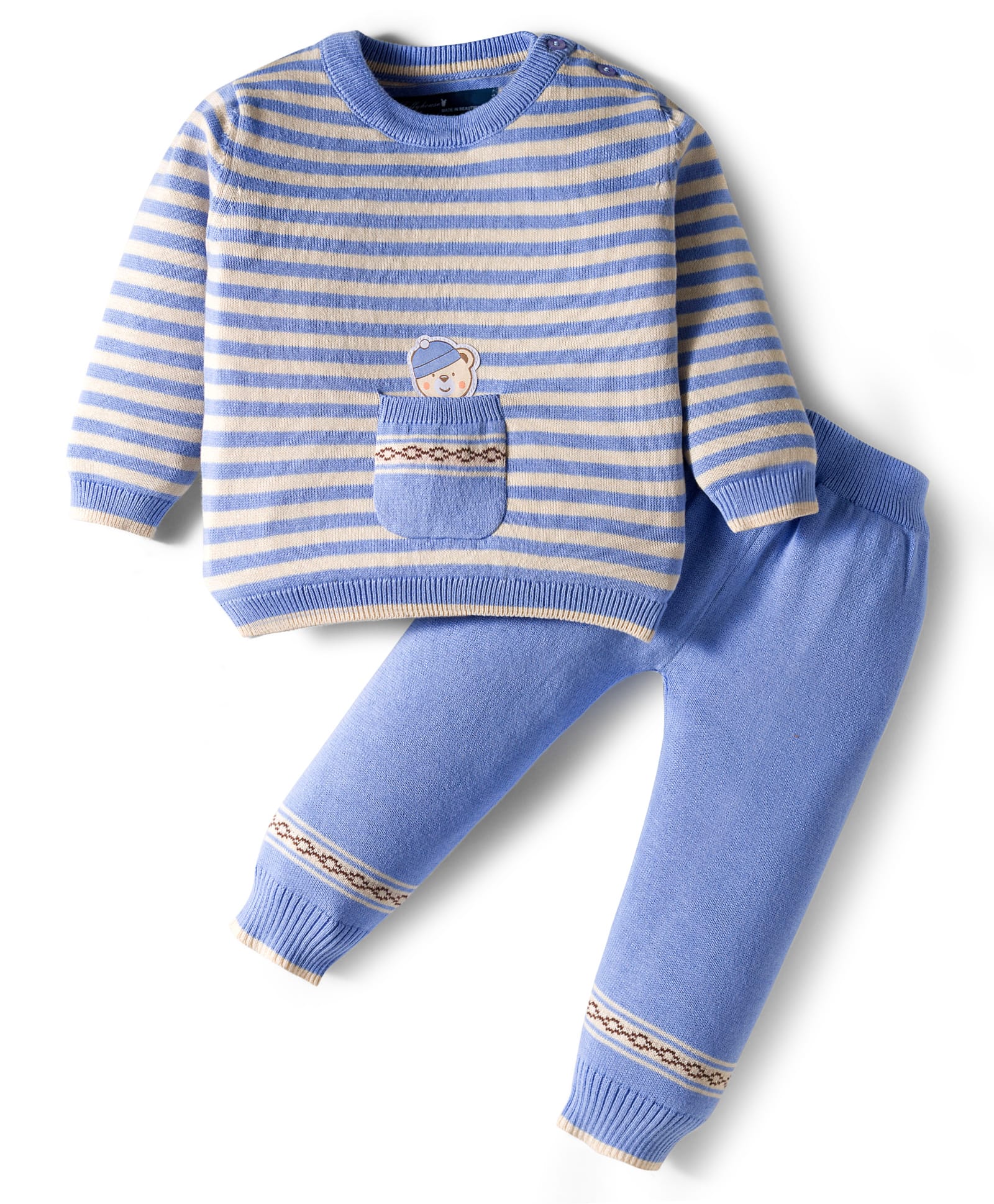 ToffyHouse Cotton Knit Full Sleeves Winter Wear Suits With Stripes & Bear Design - Lavender-picture-13