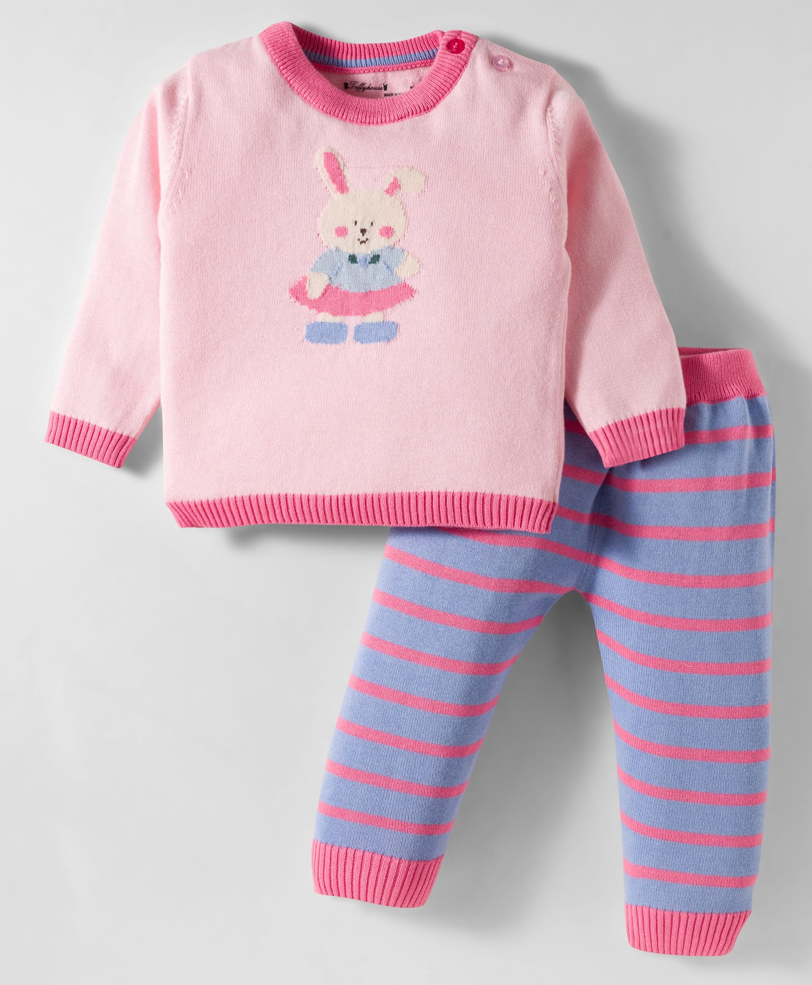 ToffyHouse Cotton Knit Full Sleeves Winter Wear T-Shirt & Pant Set With Bunny Design & Stripes - Light Pink-image-36