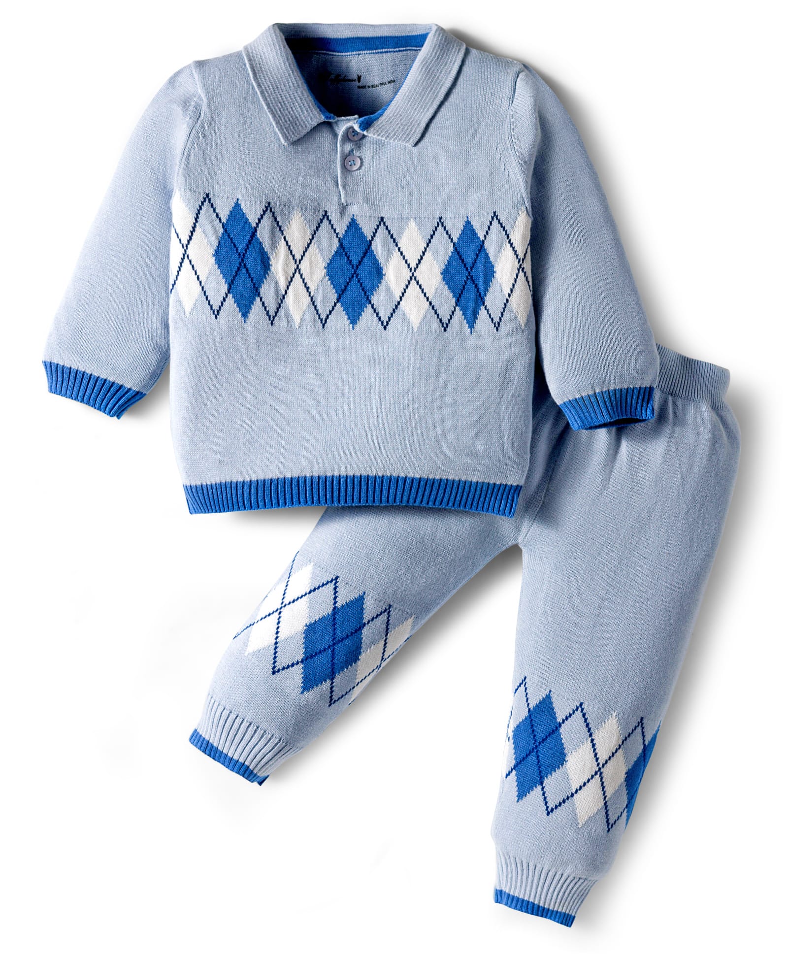 ToffyHouse Cotton Knit Full Sleeves Collar Neck Winter Wear Suit Set With Geometry Design - Light Blue-image-6