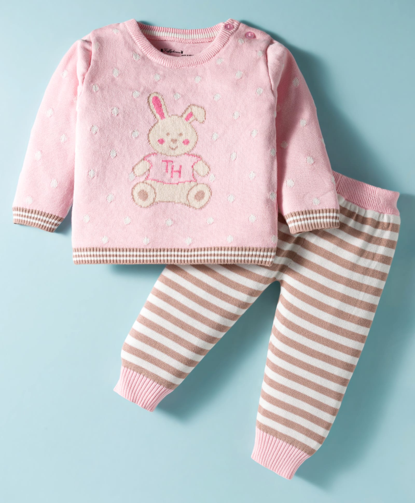 ToffyHouse Cotton Knit Full Sleeves Winter Wear Suit Set With Teddy Print & Stripes - Pink & White-picture-34