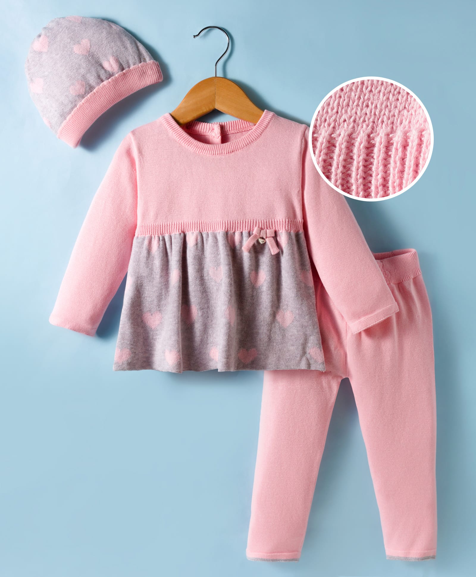 ToffyHouse Cotton Knit Full Sleeves Winter Wear Suits Set with Cap With Bow Applique & Heart Print - Light Pink-picture-0