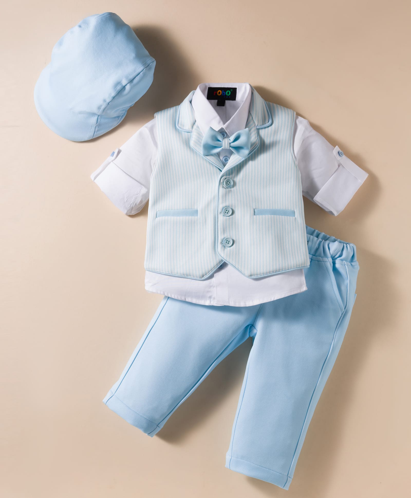Robo Fry Cotton Woven Knit Full Sleeves 3 Piece Solid Color Party Suit with Bow & Cap - Light Blue & White-picture-3