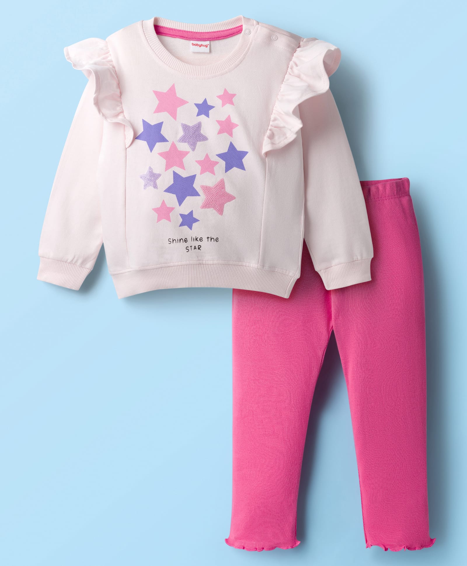 Babyhug Terry Knit Full Sleeves Top and Lounge Pant Set With Stars Print & Frill Detailing - Pink-picture-19