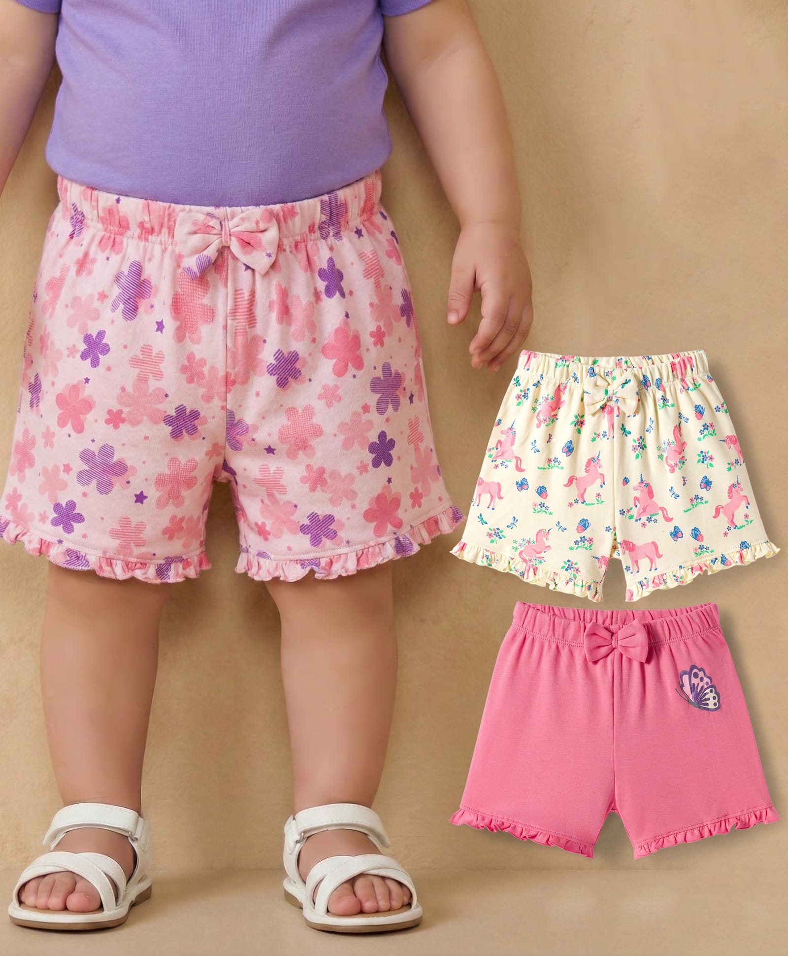 Babyoye 100% Cotton Knit With Eco Jiva Finish Shorts with Floral Print & Bow Applique Pack of 3 - Cream & Dark & Light Pink