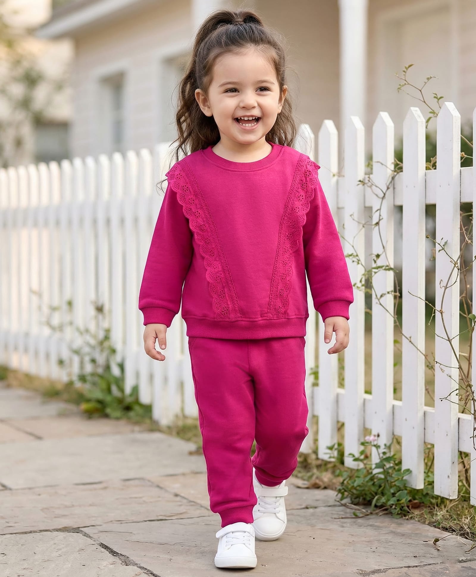 Babyhug Terry Knit Full Sleeves Solid Color Top & Joggers Set with Lace Frill Detailing - Maroon-image-47