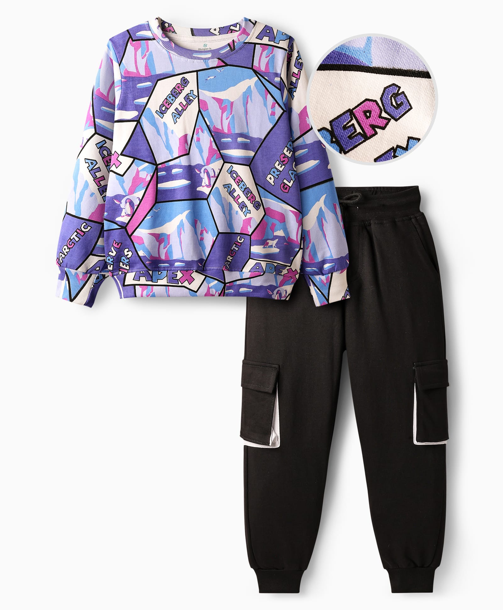 OLLINGTON ST. Cotton Full Sleeves Printed Sweatshirt & Joggers Set - Multicolor & Black-picture-21