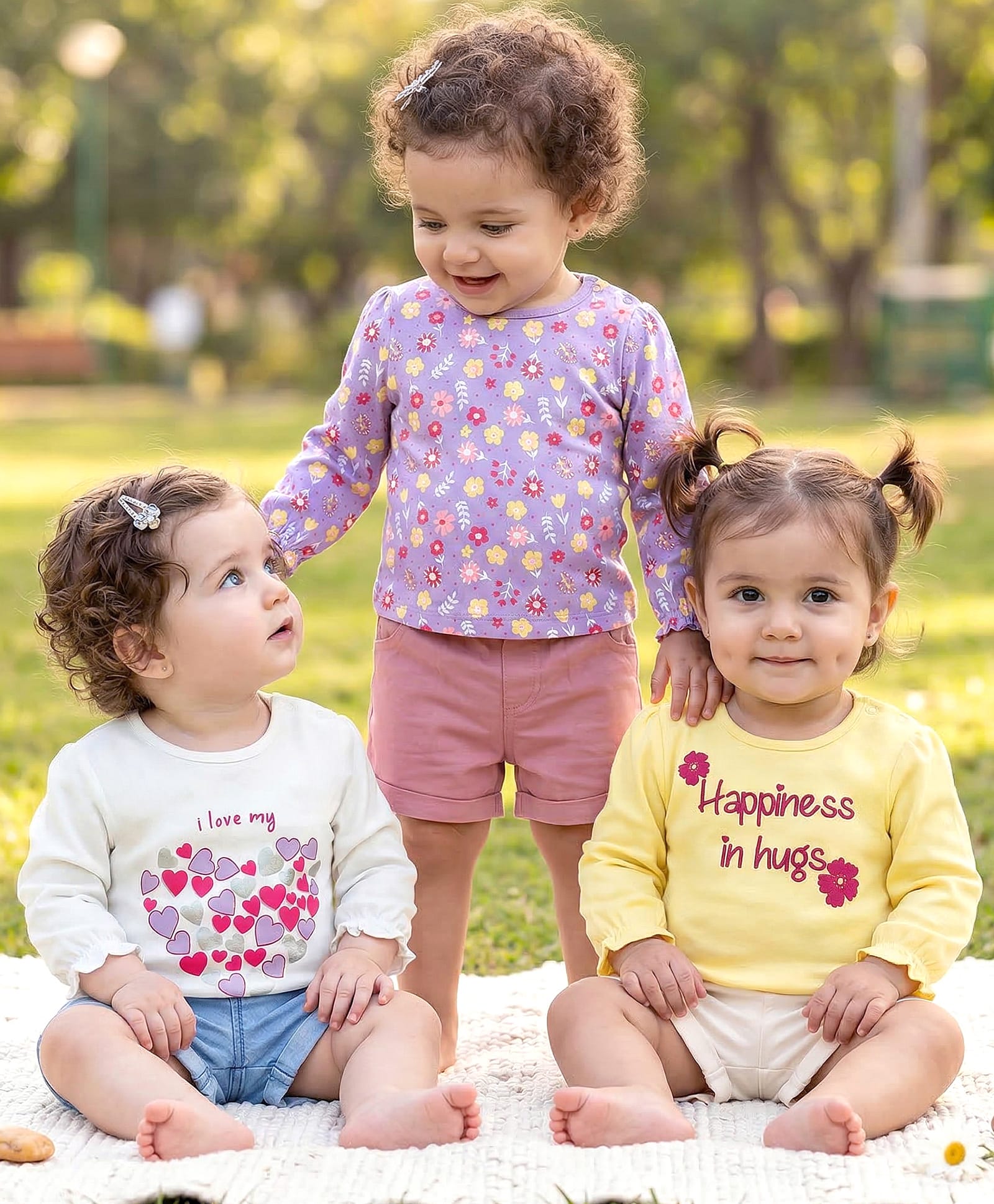 Babyoye 100% Cotton Knit Eco Jiva Finish Full Sleeves Tops With Floral Heart & Text Print Pack Of 3 - Yellow Lilac & White-picture-12