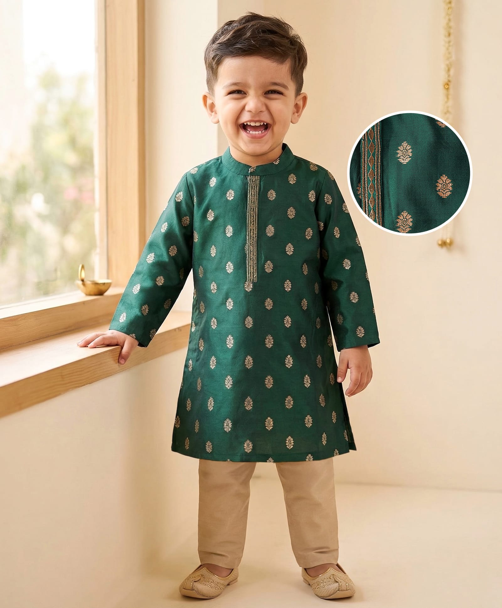 Babyhug Brocade Woven Full Sleeves Kurta Pajama Set With Floral Print - Dark Green-picture-25