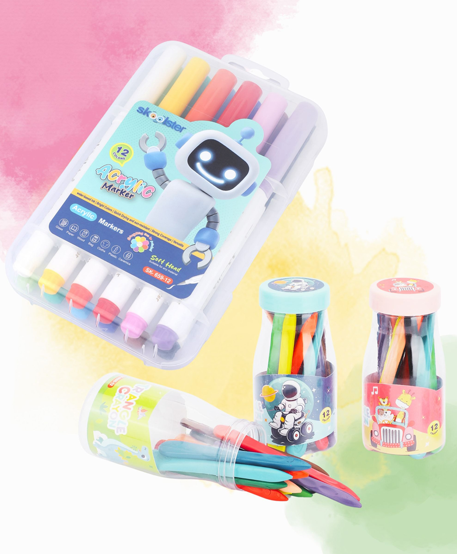 Skoolster Acrylic Marker Pens & Wax Crayons Combo Bold Colouring Set for Art Craft & DIY Fun - Multicolor-image-32