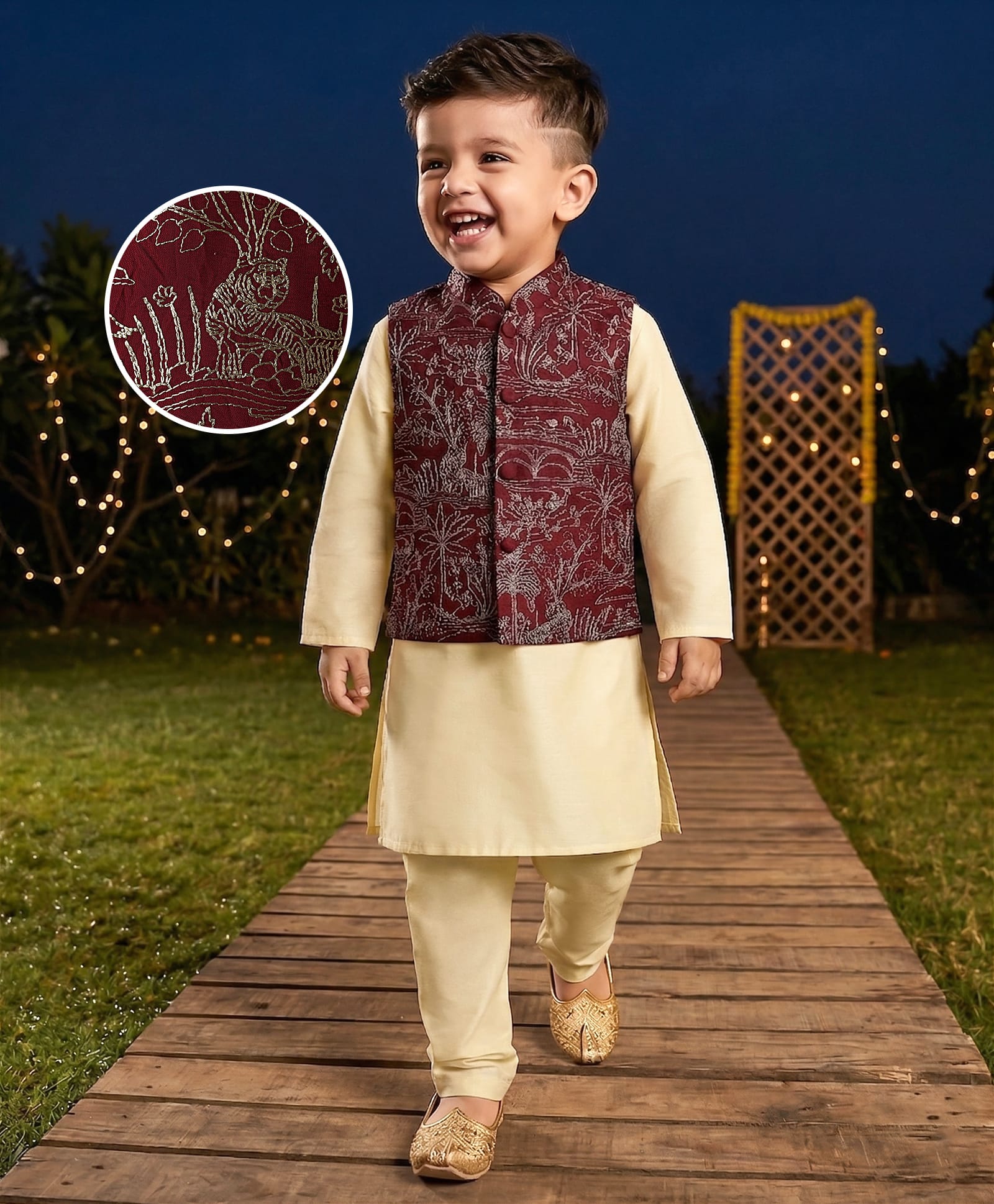 Babyhug Cotton Woven Full Sleeves Kurta Pajama Set With Embroidered Jacket - Beige-image-36