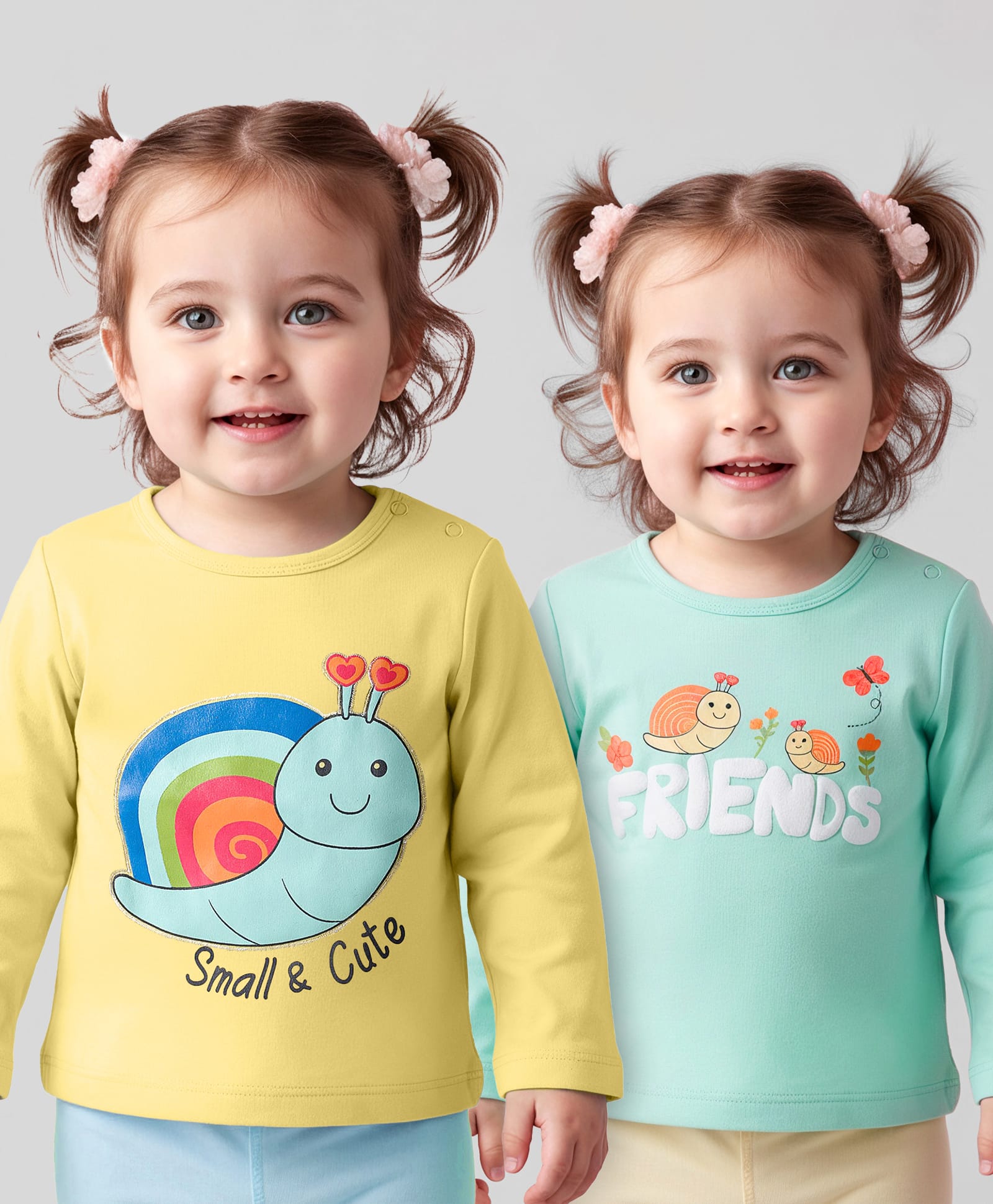 Babyoye 100% Cotton Knit Eco Jiva Finish Full Sleeves T-Shirts With Snail & Friends Text Print Pack of 2 - Light Blue & White