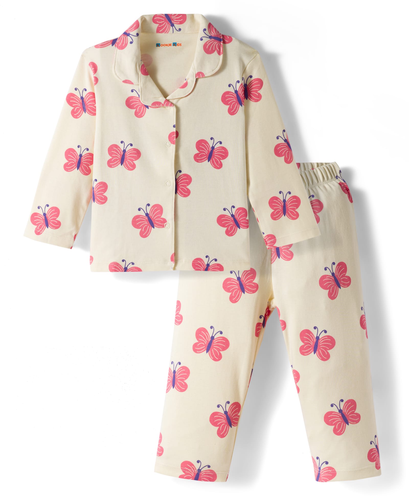 kookie kids india Kookie Kids Interlock Knit Full Sleeves Co-ord Night Suit with Butterfly Print - Cream-picture-23