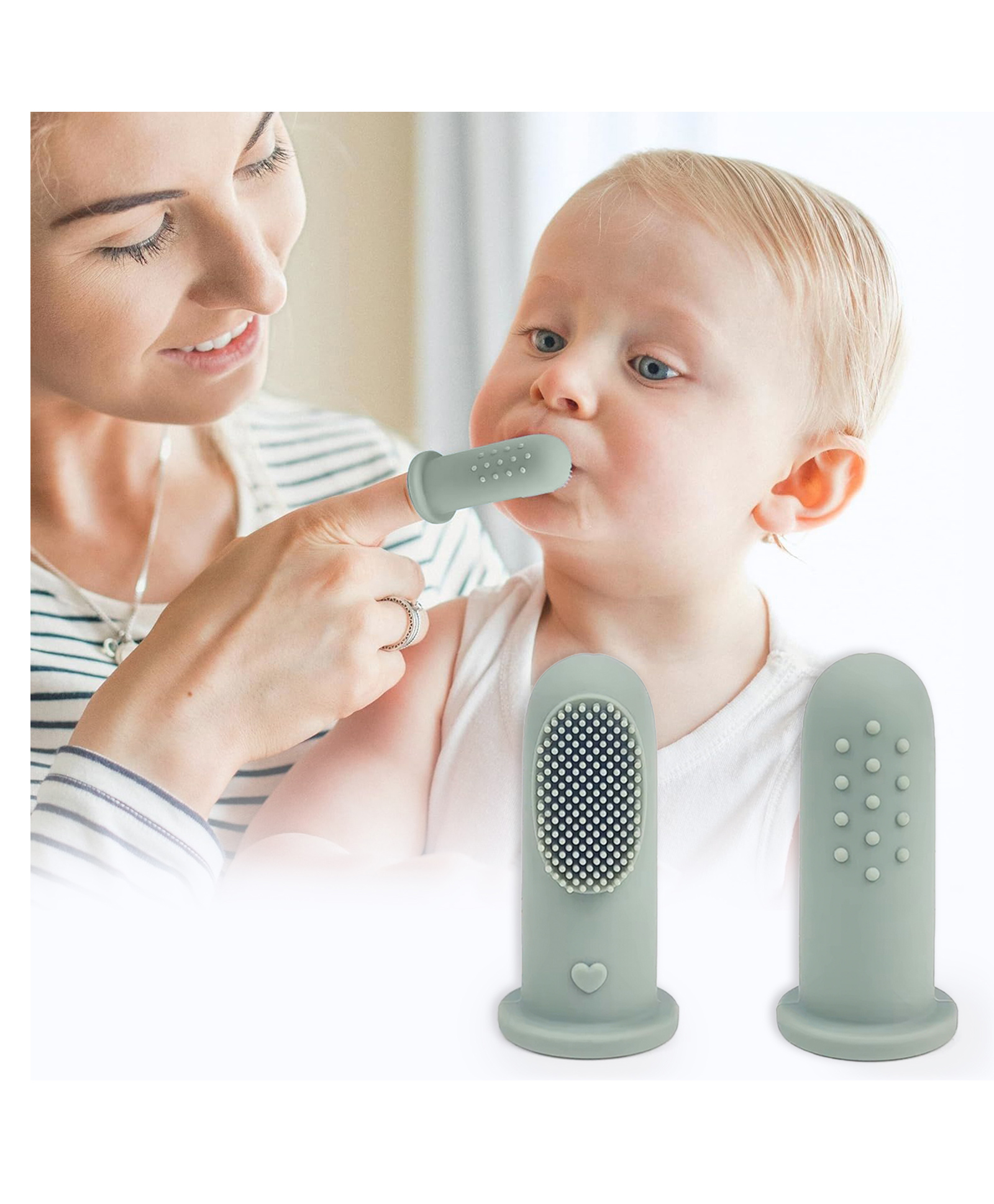 R for Rabbit Tiny Smiles Silicone 2 in 1 Gummy Finger Brush & Tongue Cleaner with Storage Case - Olive Green-picture-22