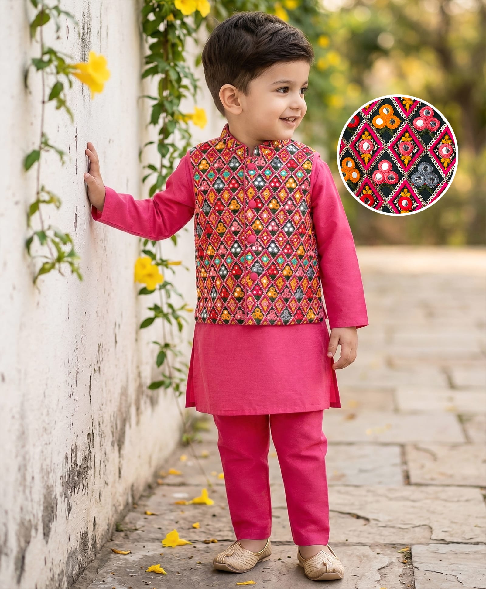Babyhug Cotton Woven Full Sleeves Solid Kurta Pajama Set with Embroidered Nehru Jacket - Dark Pink-picture-14