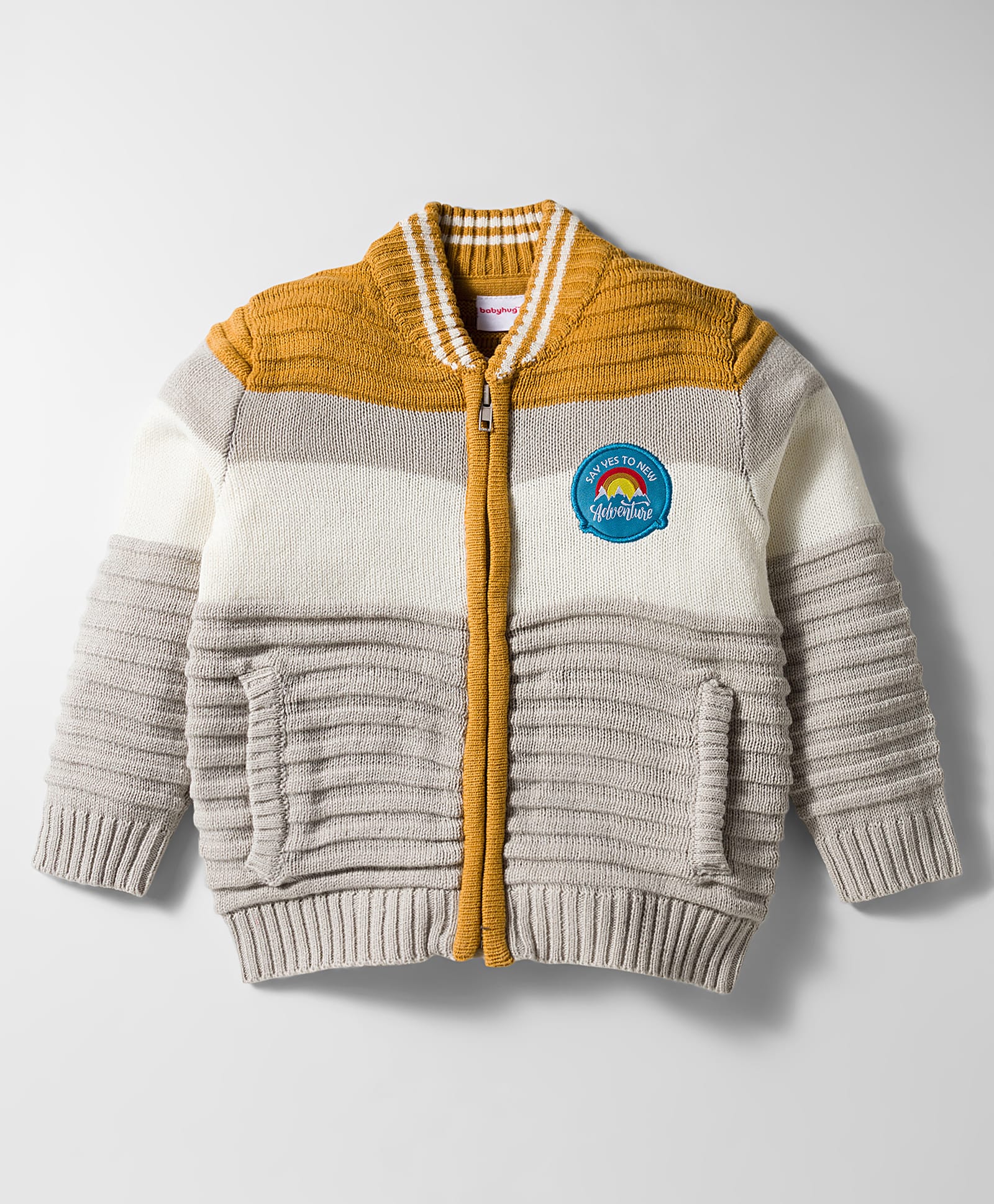 Babyhug Knit Full Sleeves Front Open Sweater with Patch Detailing & Color Block Design - Grey-picture-12