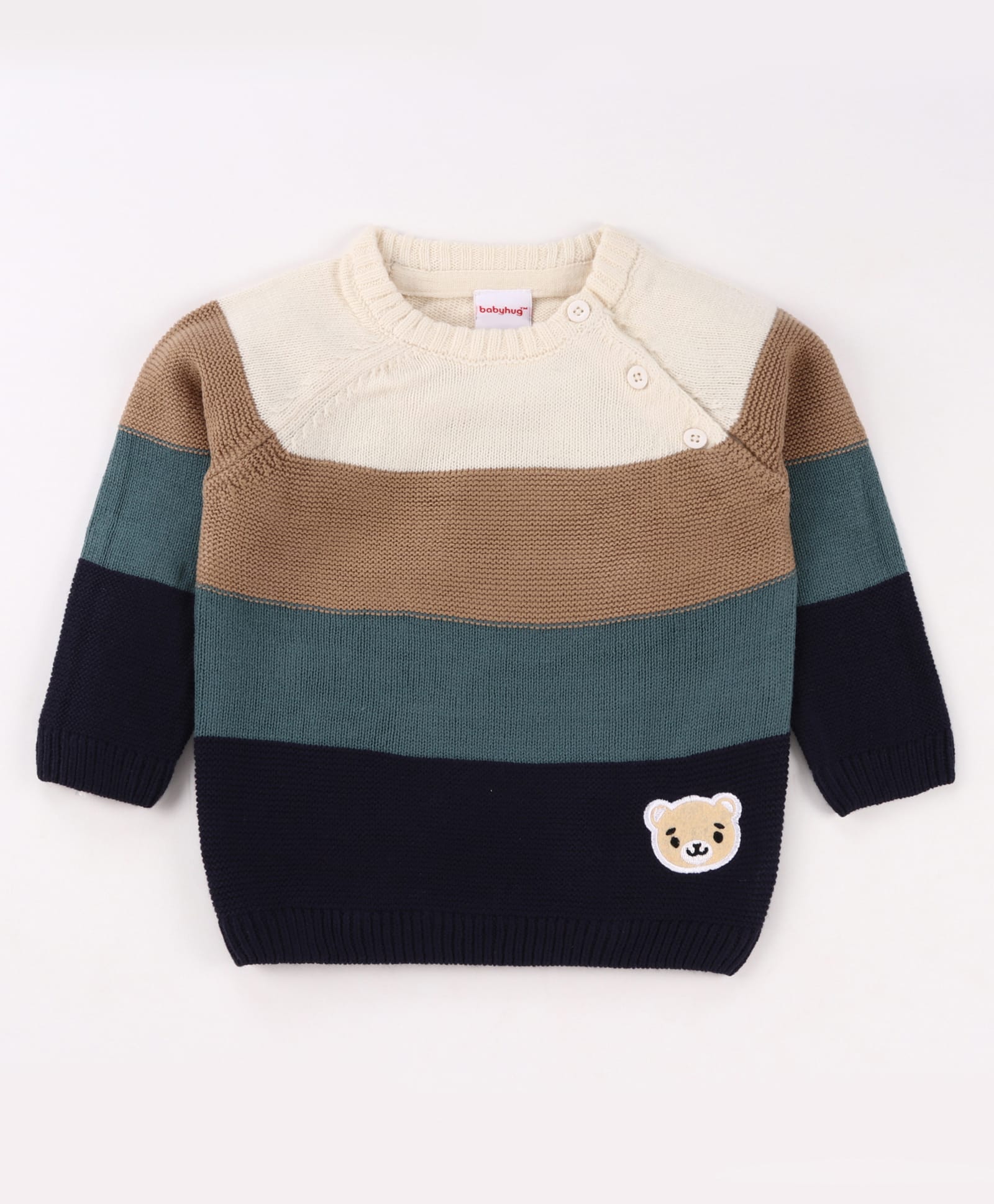 Pine Kids Knit Full Sleeves Pullover Sweater with Stripe Design & Animal Patch Embroidery - Navy Blue Beige & Blue