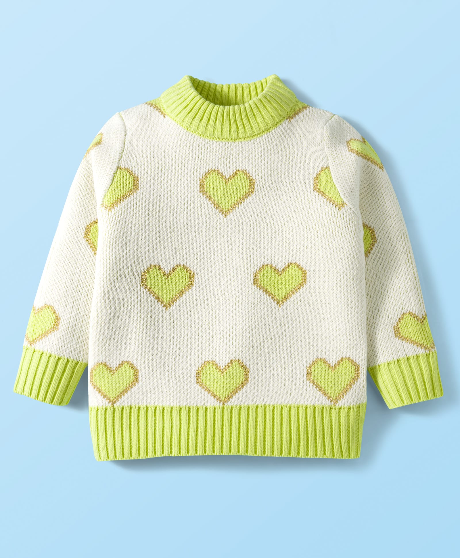 Babyhug Knit Full Sleeves Pullover Turtle Neck Sweater with Heart Design - Off White
