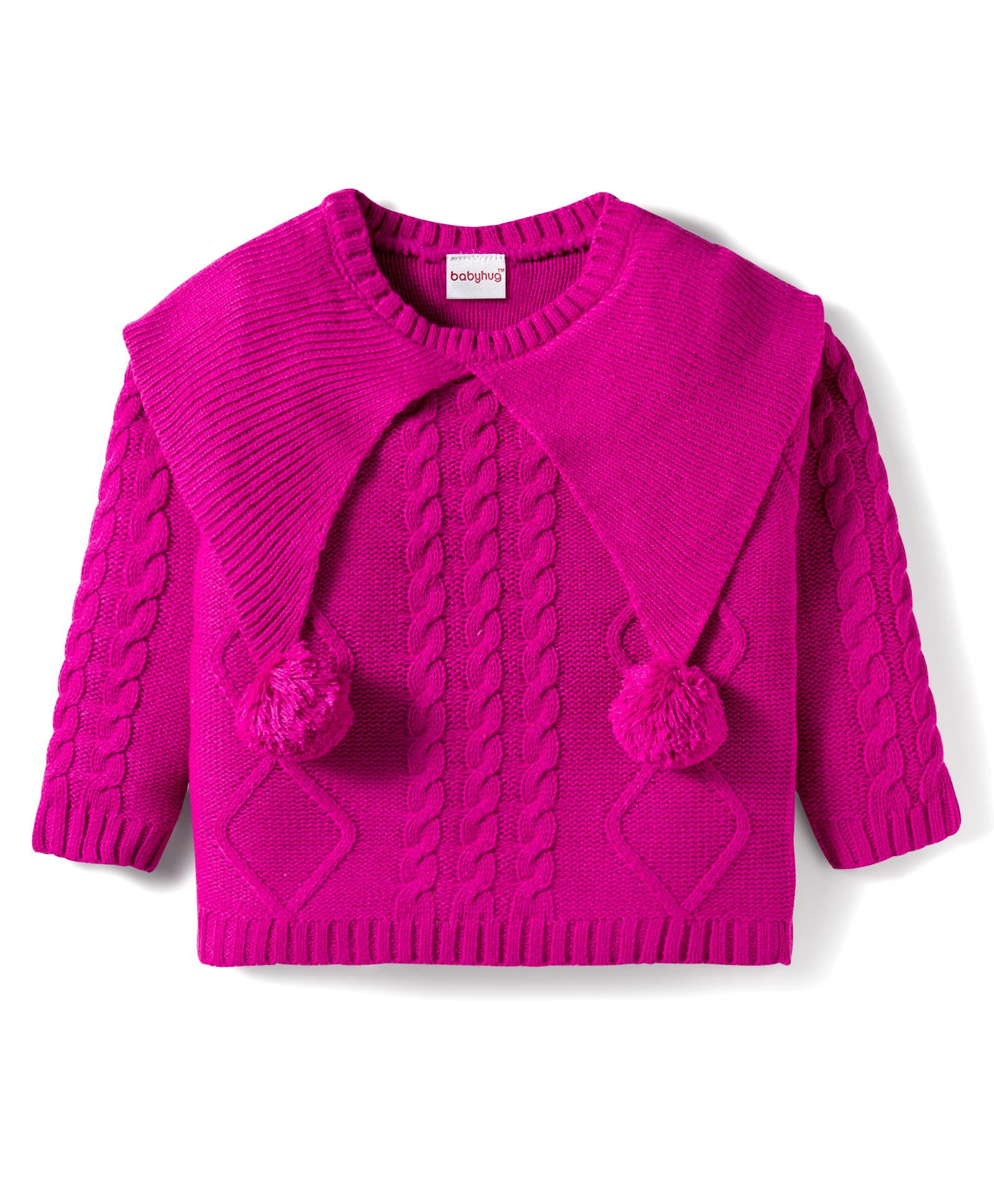 Babyhug Knit Full Sleeves Pullover Sweater with Cable Knit & Pom Pom Design - Dark Pink-picture-26