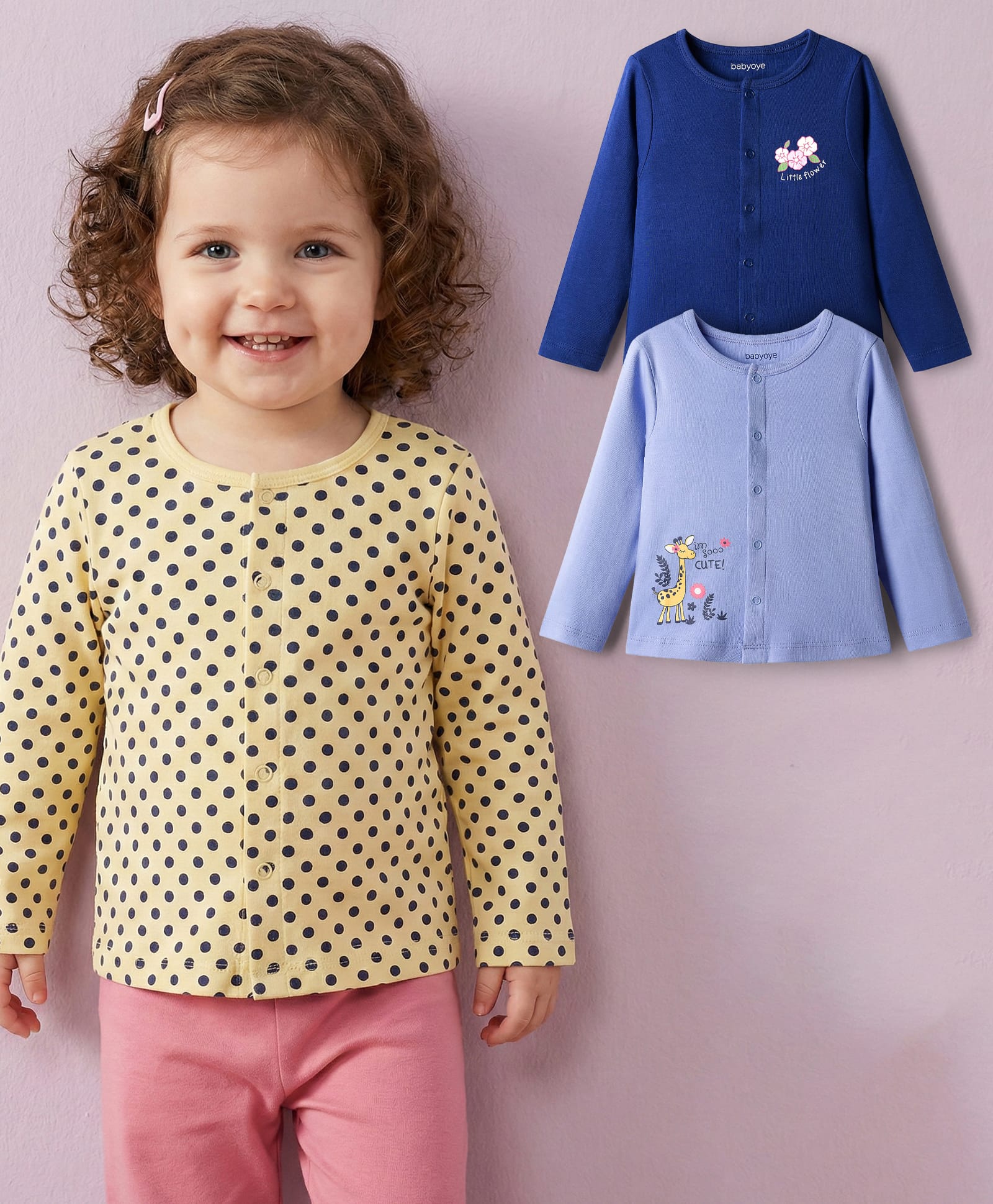 Babyoye 100% Cotton Interlock Knit with Eco Jiva Finish Full Sleeves Front Open Jhablas with Polka Dot Giraffe & Floral Print Pack of 3 - Off White Light Blue & Navy Blue-image-31