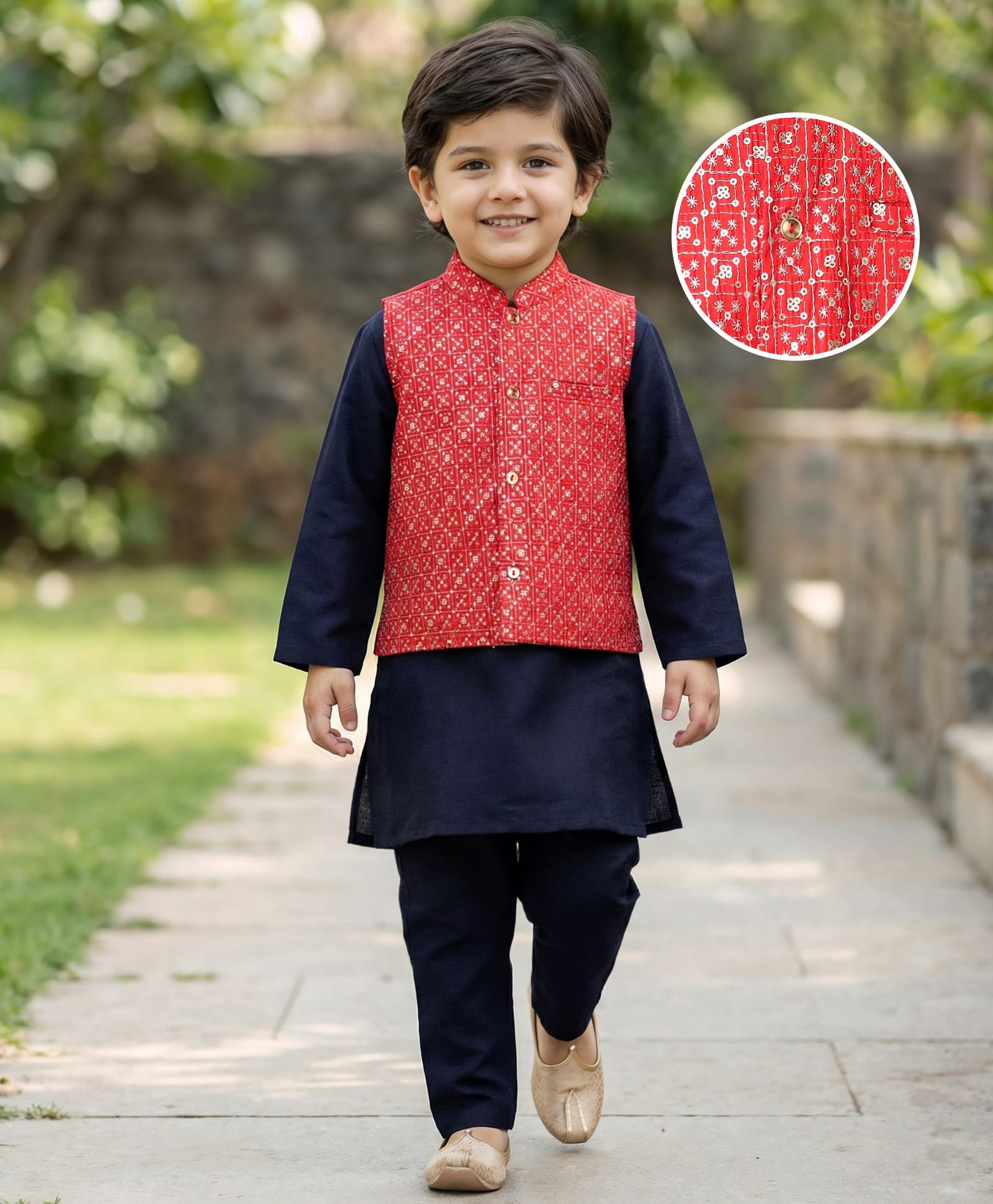 Babyhug Cotton Woven Full Sleeves Solid Kurta Payjama Set with Sequined Embroidered Nehru Jacket - Navy Blue & Red-picture-17