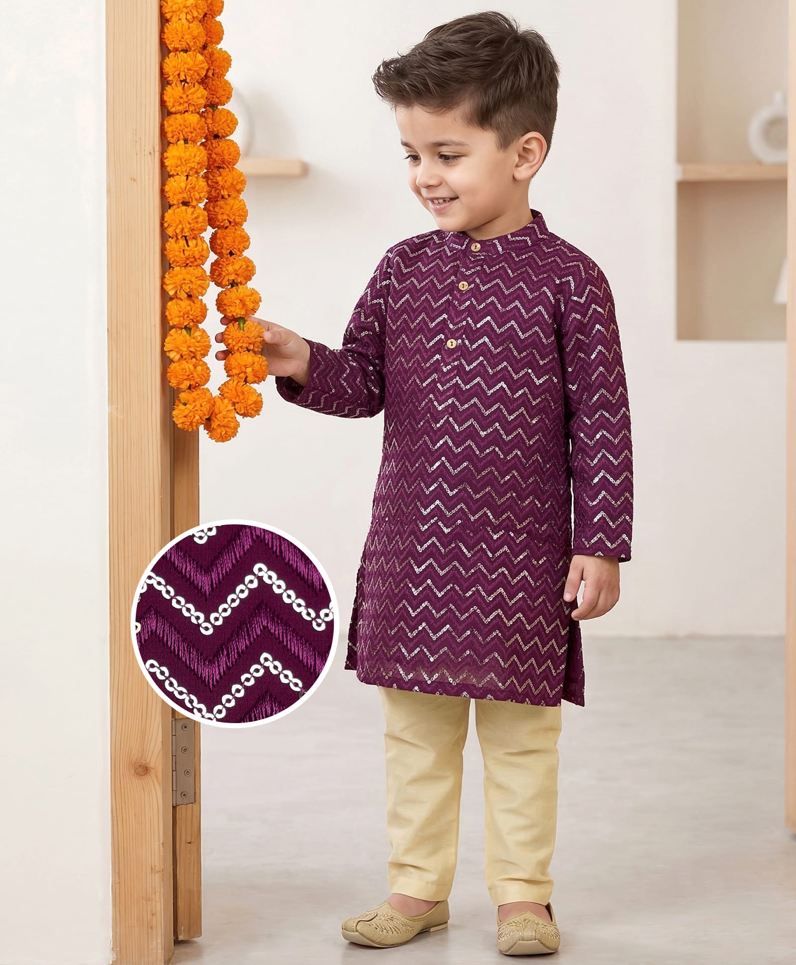 Babyhug Woven Full Sleeves Kurta Pajama Set with Sequin Detailing - Maroon-image-47