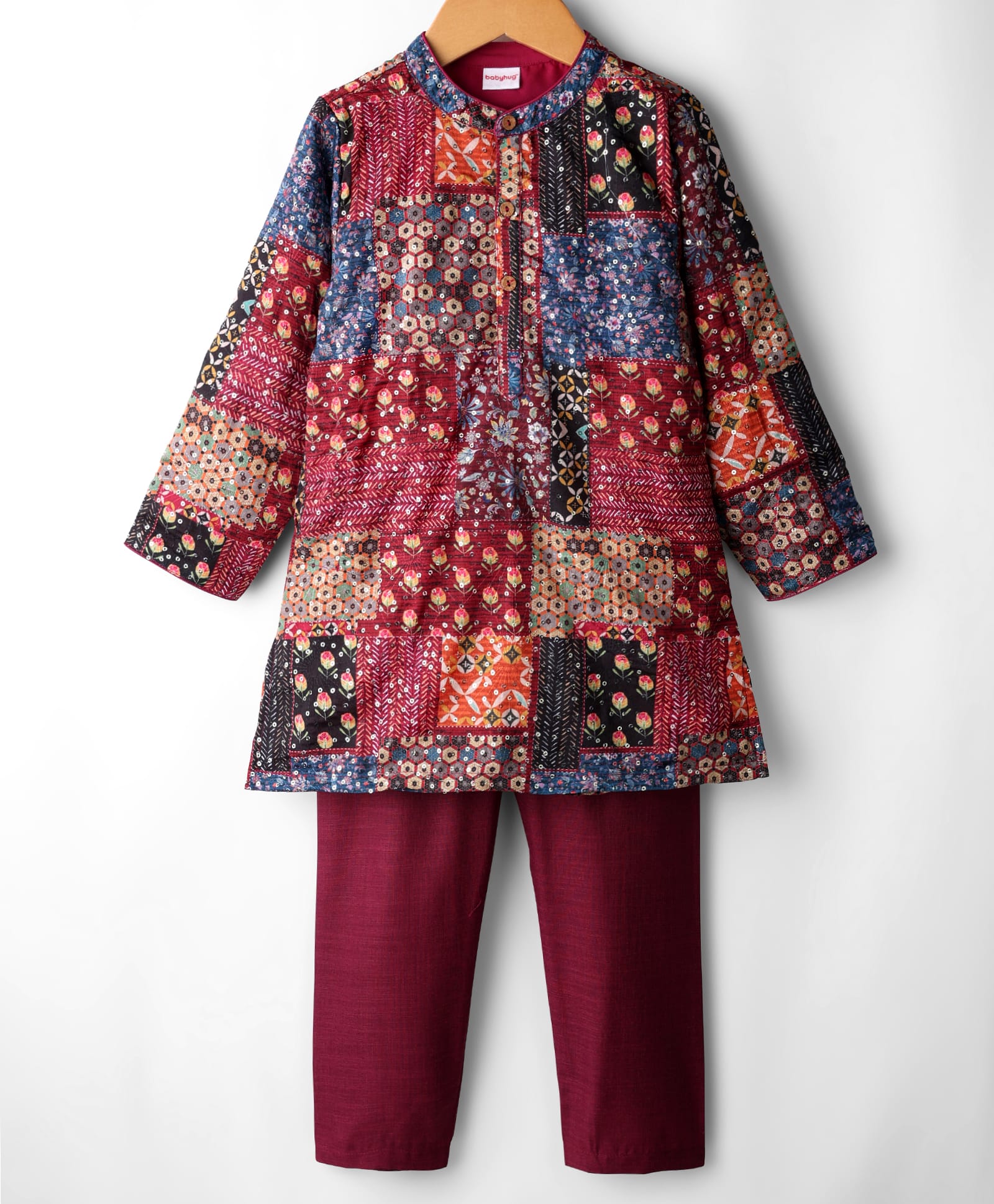 Babyhug Cotton Woven Full Sleeves Kurta Pajama Set with Floral Chinnon Print & Sequin Detailing - Wine-picture-21