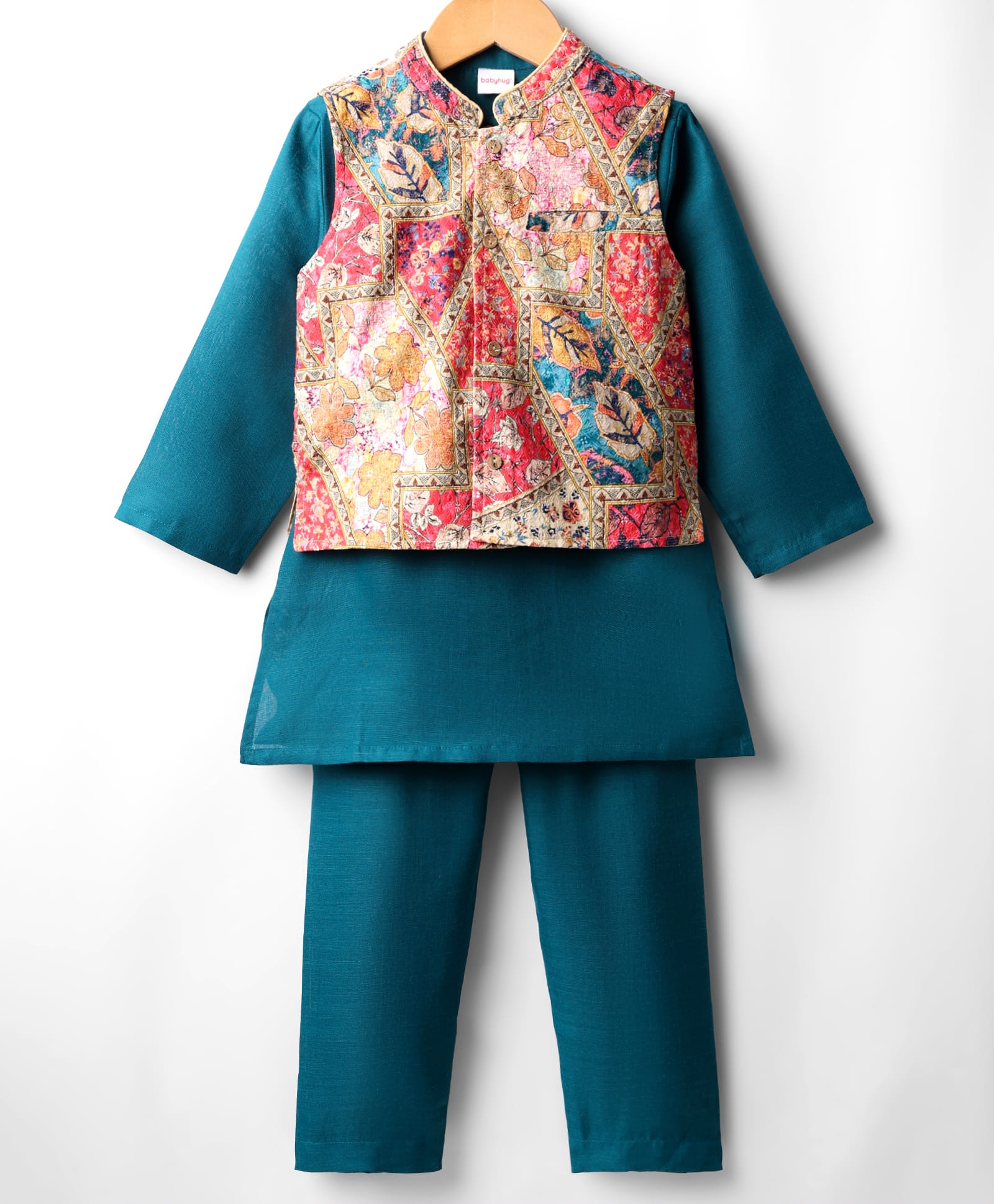 Babyhug Cotton Woven Full Sleeves Kurta Pajama Set with Brocade Jacket - Teal Blue-picture-18