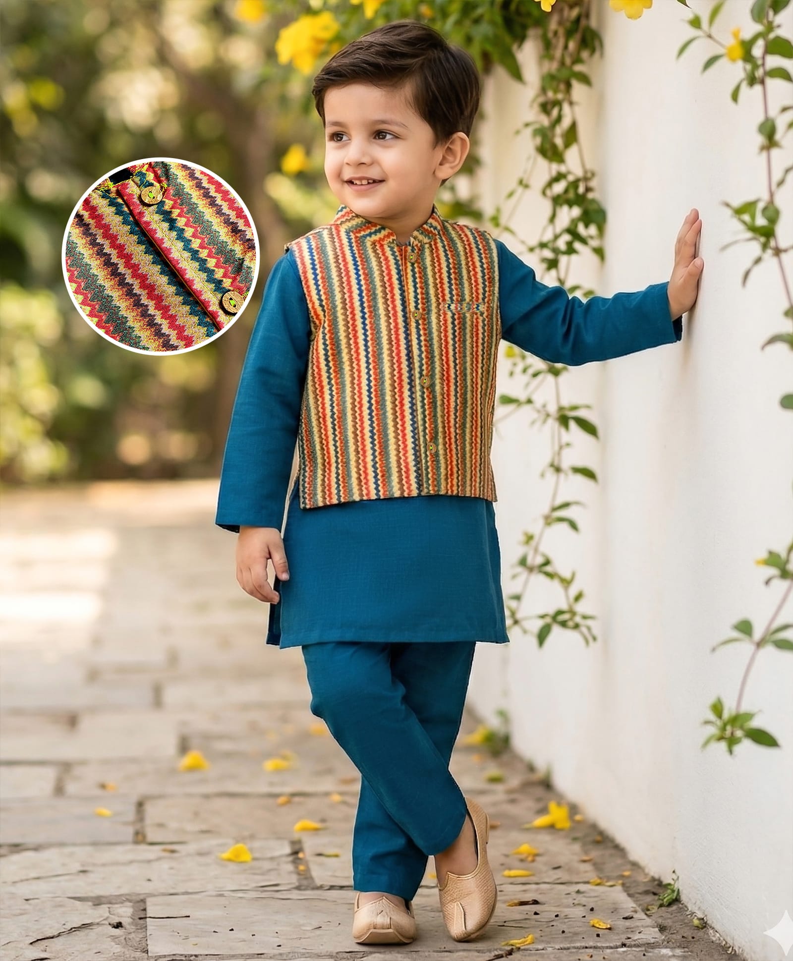 Babyhug Cotton Woven Full Sleeves Solid Kurta Pajama Set with Printed Jacket - Teal Blue-picture-17