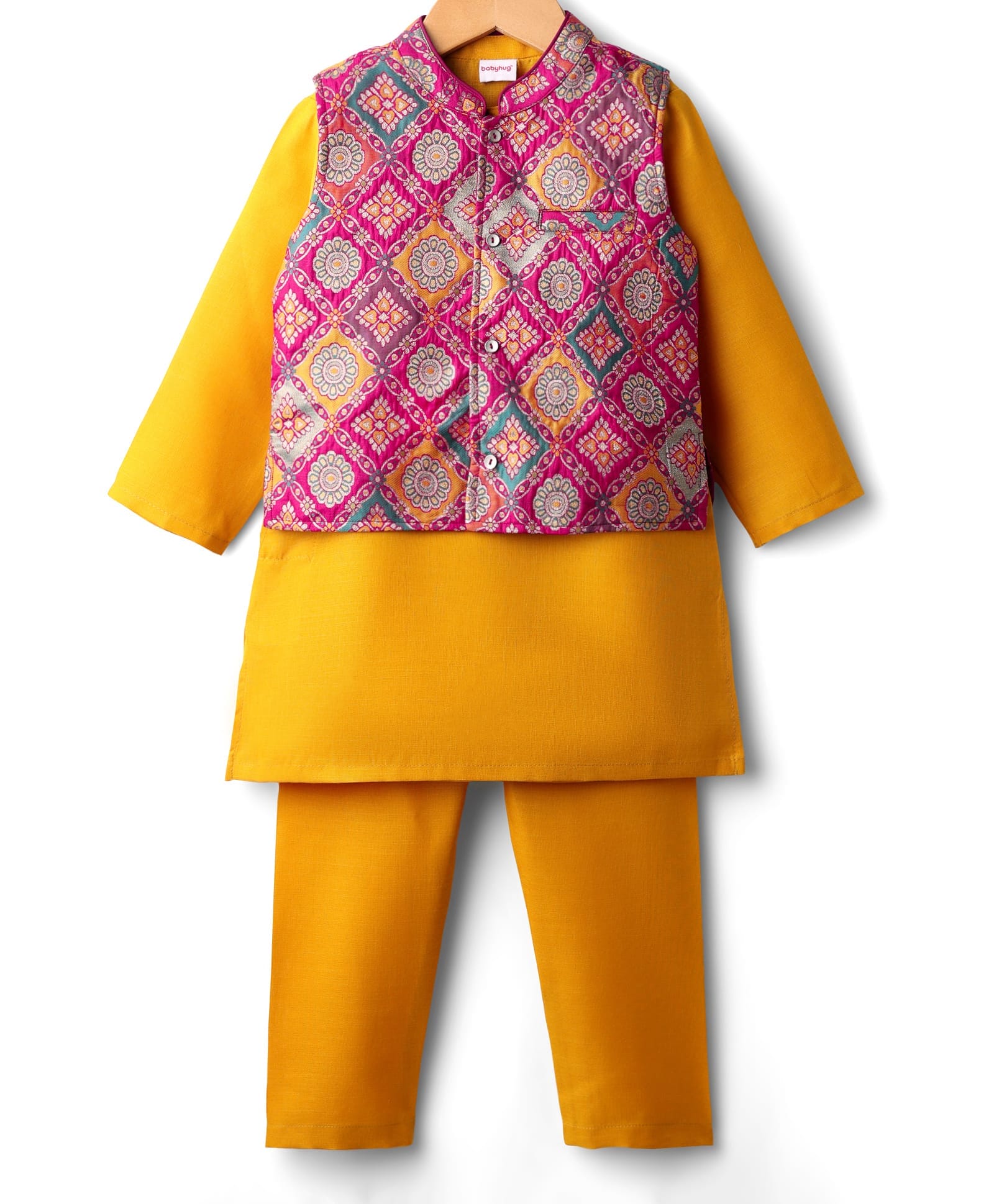 Babyhug Cotton Woven Full Sleeves Solid Kurta Pajama Set with Brocade Print Jacket - Mustard Yellow & Purple-picture-23