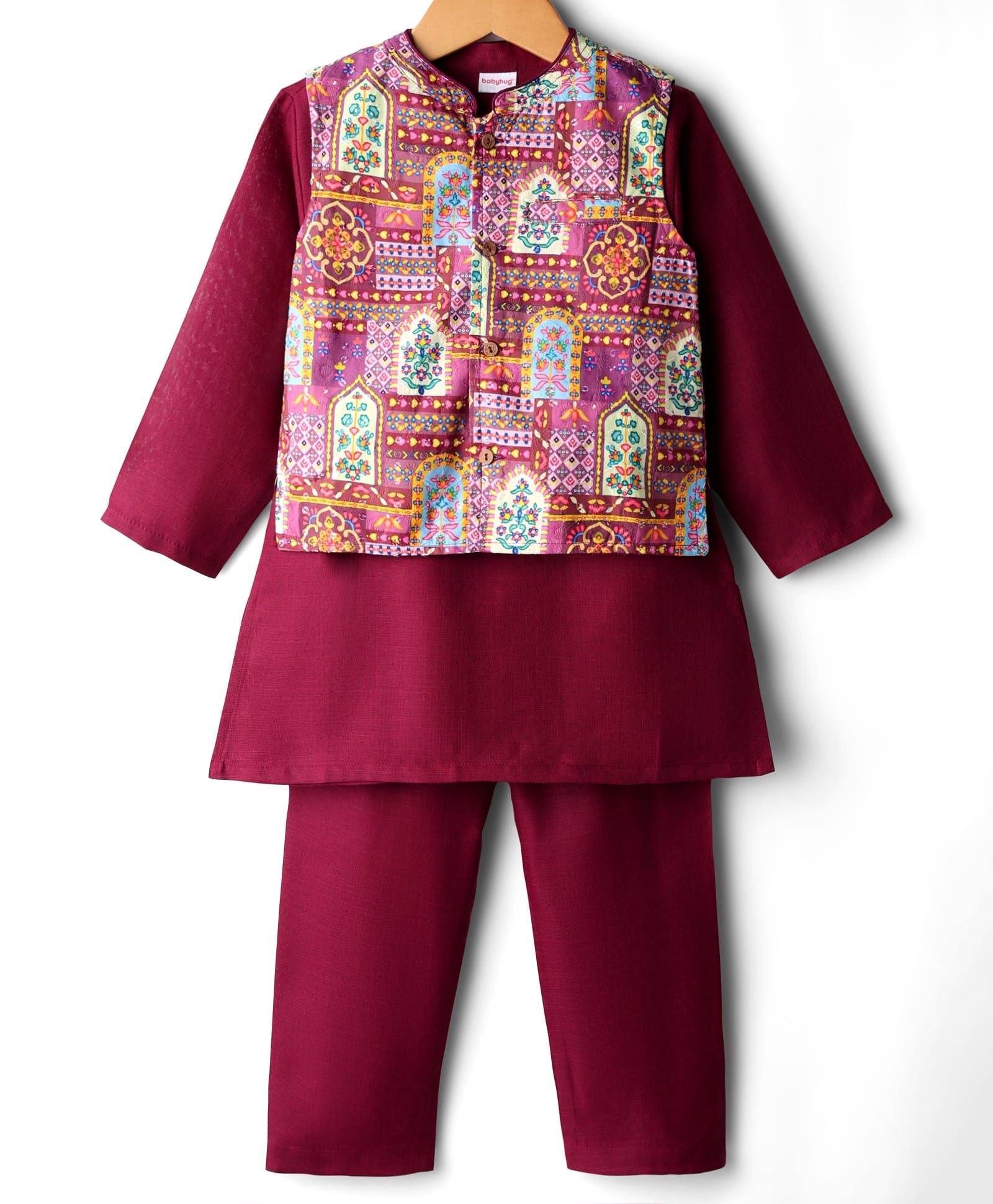 Babyhug Cotton Woven Full Sleeves Solid Kurta Pajama Set with Floral Motif Print Jacket - Maroon-picture-28