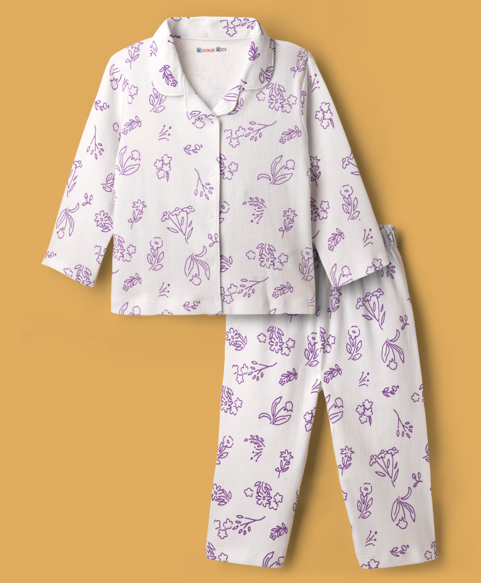 Kookie Kids Interlock Knit Full Sleeves Winter Wear Co-ords Night Suit With Floral Print - White