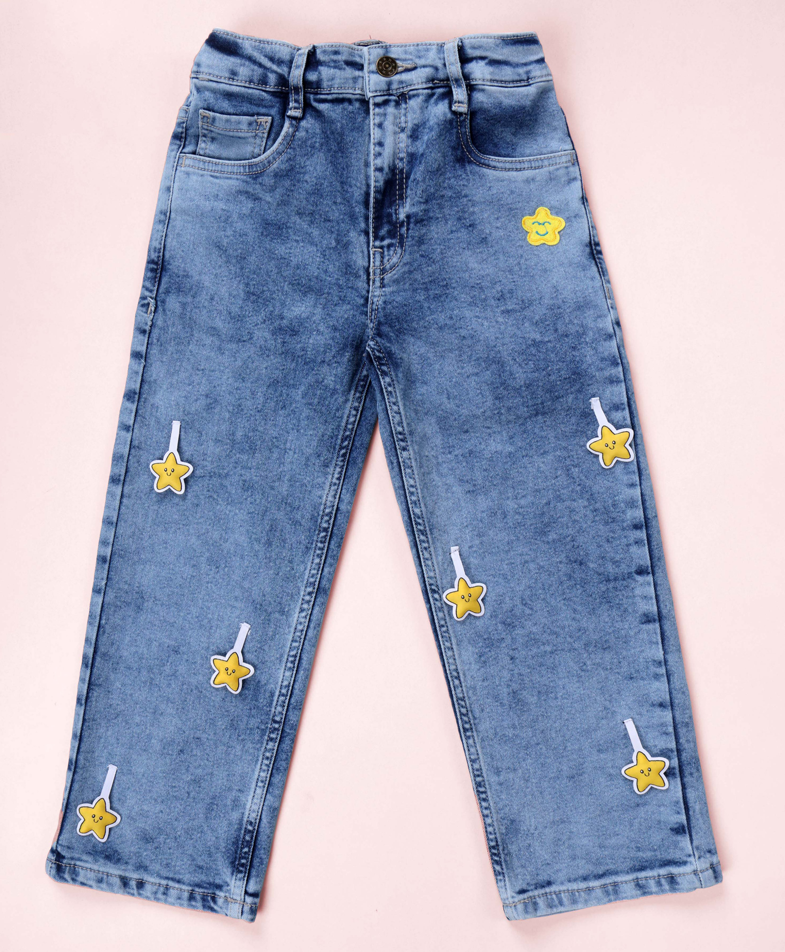 Kiddopanti Denim Woven Stars Applique Detailed Mild Washed Jeans - Light Blue-picture-15