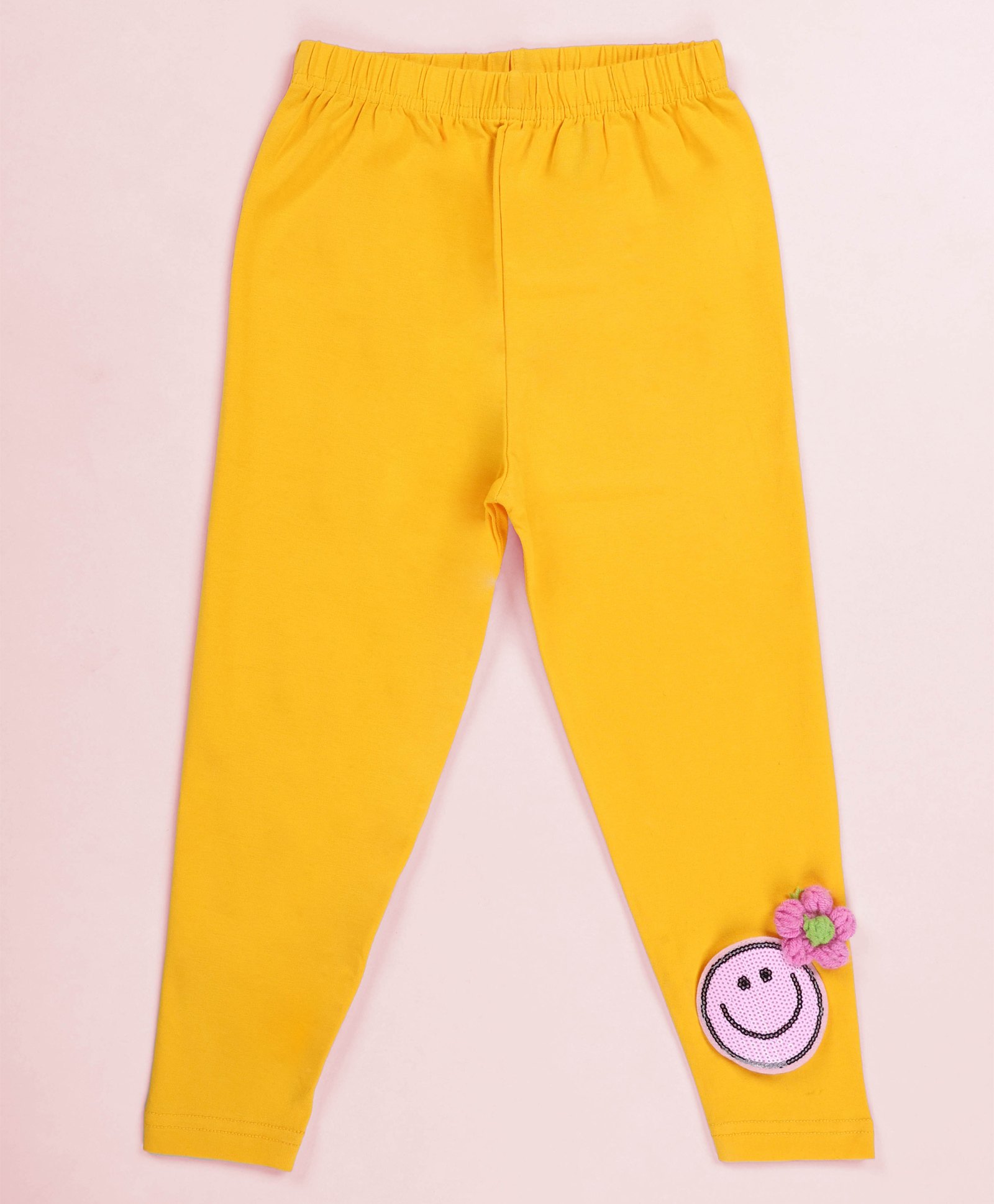 Kiddopanti Cotton Spandex Knit Sequins Embellished Smiley Face Applique Detailed Leggings - Yellow & Pink-picture-21