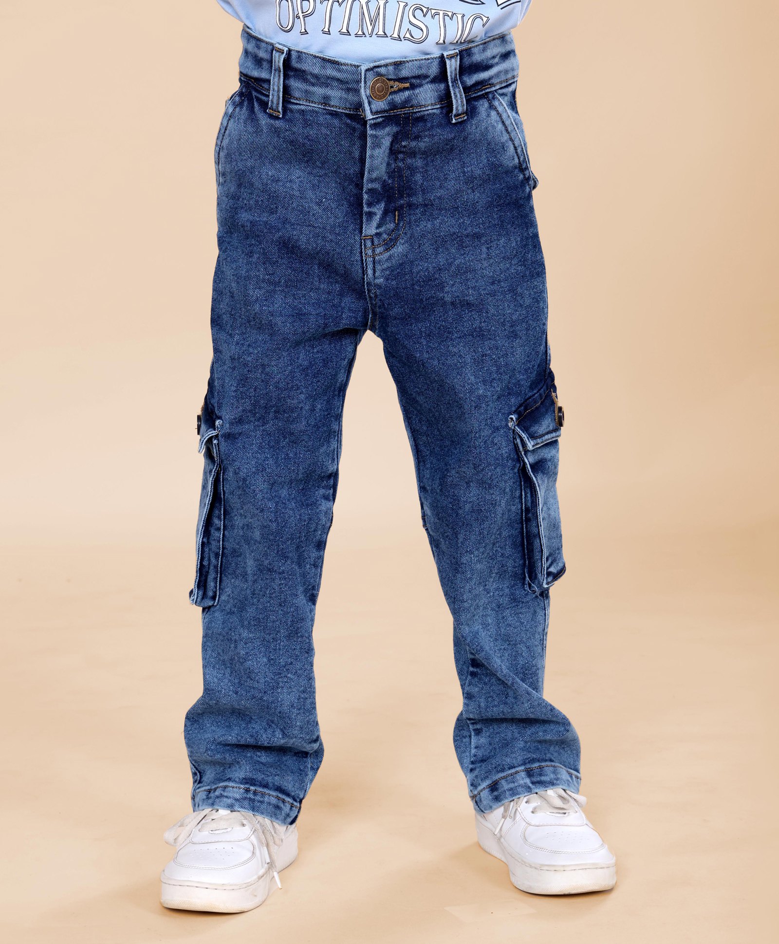Kiddopanti Denim Woven Straight Fit Solid Cargo Pant - Medium Blue-picture-24