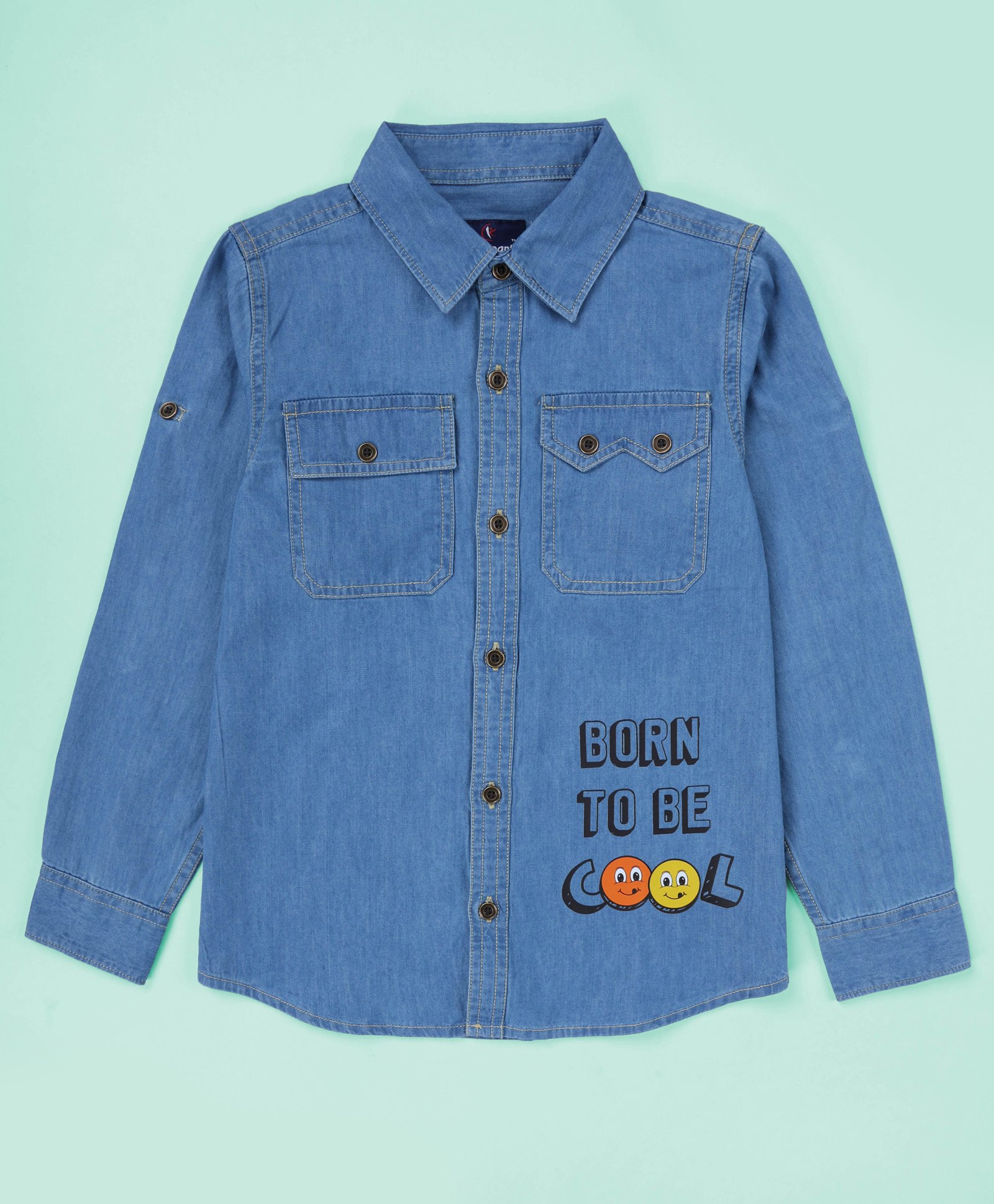 Kiddopanti Denim Woven Full Sleeves Born To Be Cool Text Printed Shirt - Light Blue-picture-35