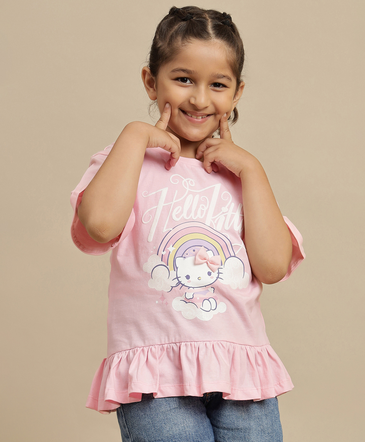 Kidsville Cotton Knit Hello Kitty Featuring Half Sleeves Character Printed Top - Pink-image-10