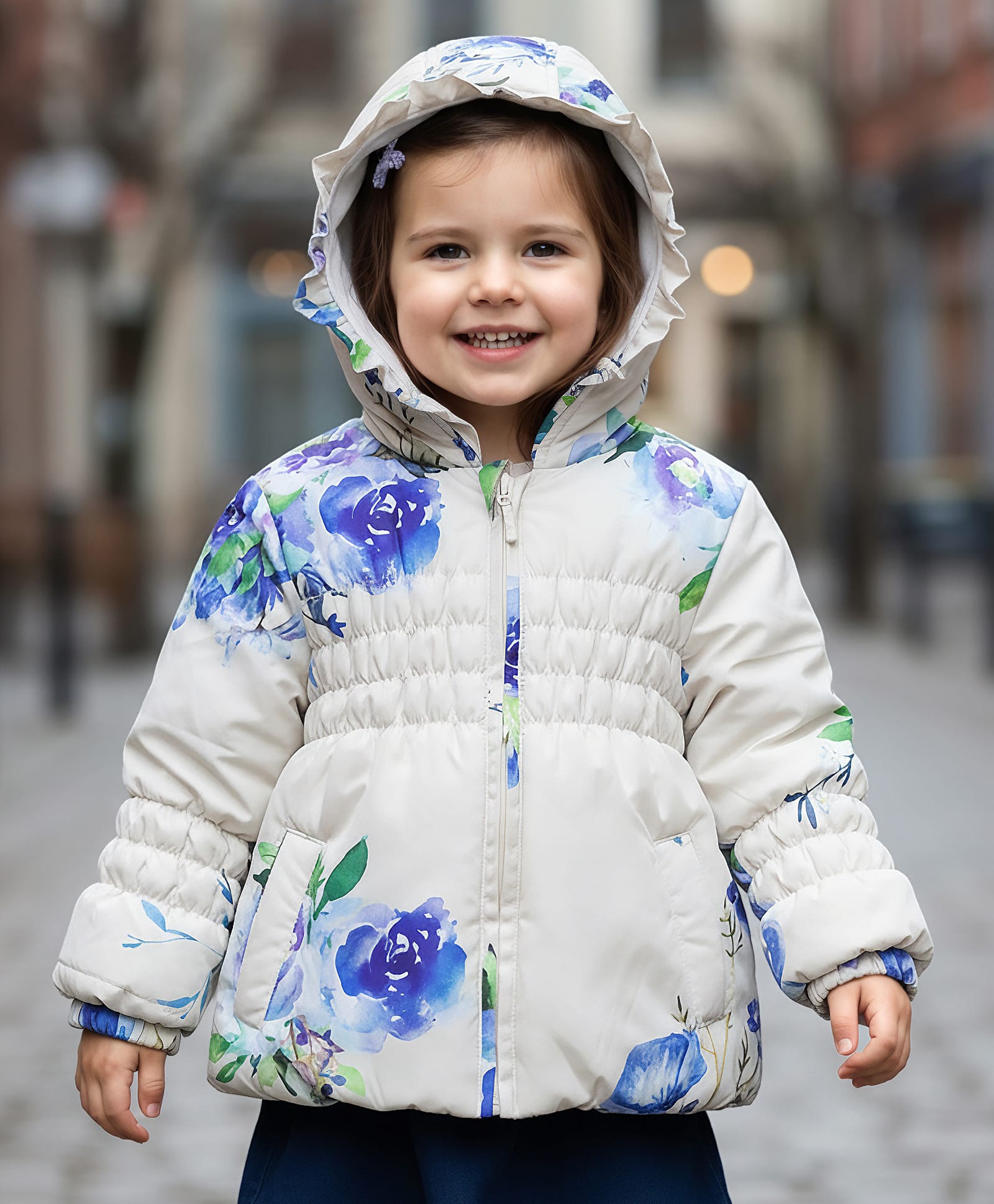 Babyhug Woven Full Sleeves Hooded Padded Jacket With Floral Print - Blue & White-picture-16