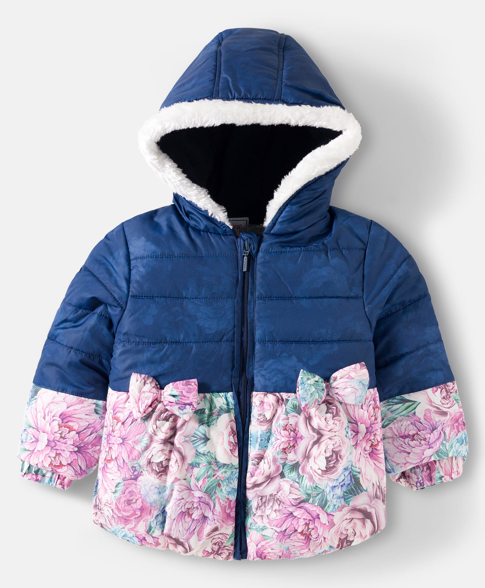 Babyhug Woven Full Sleeves Hooded Padded Jacket With Floral Print & Bow Applique - Navy Blue-picture-20