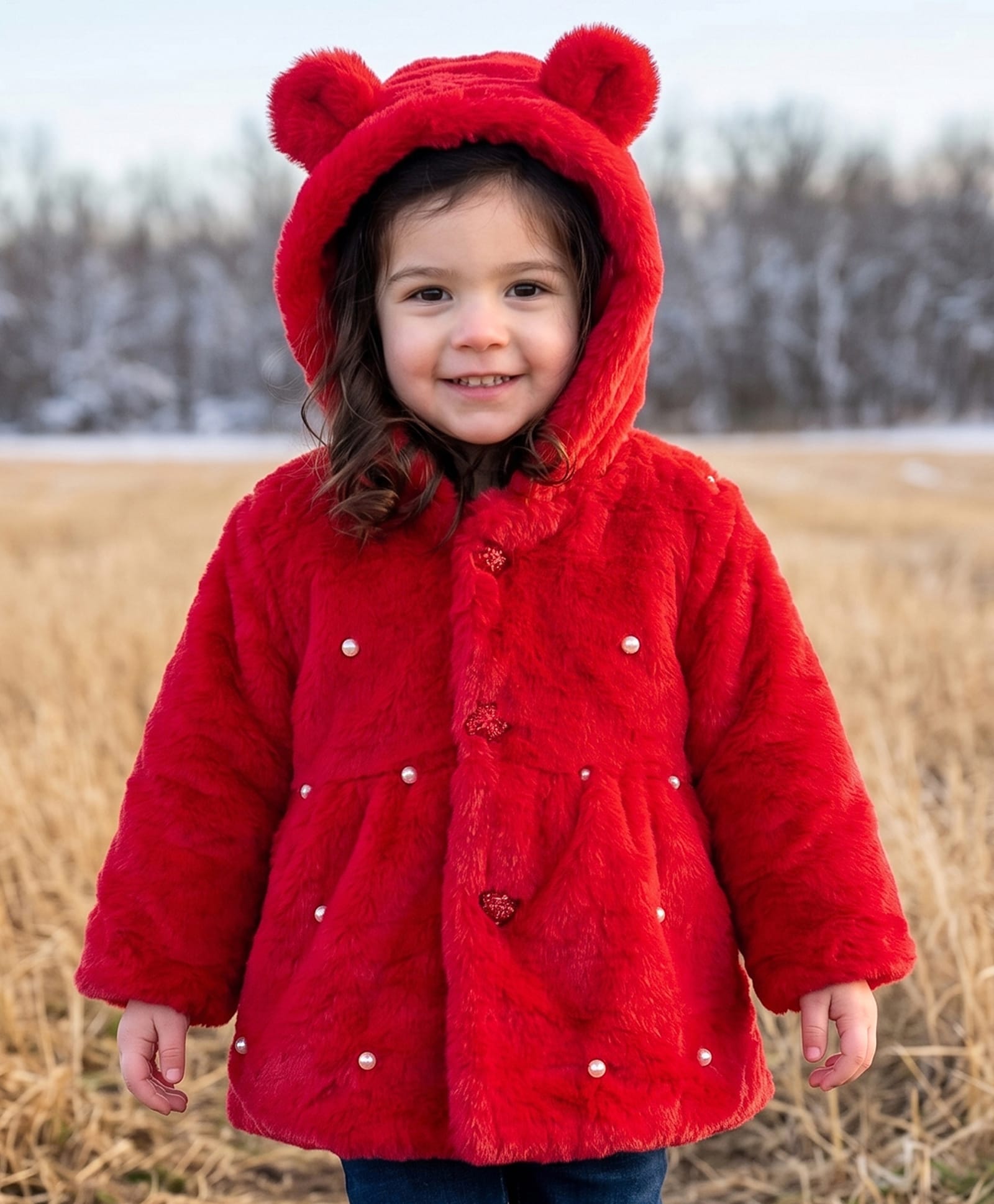Babyhug Woven Full Sleeves Hooded Fur Winter Jacket with Pearl Detailing & Ear Applique - Red-image-15